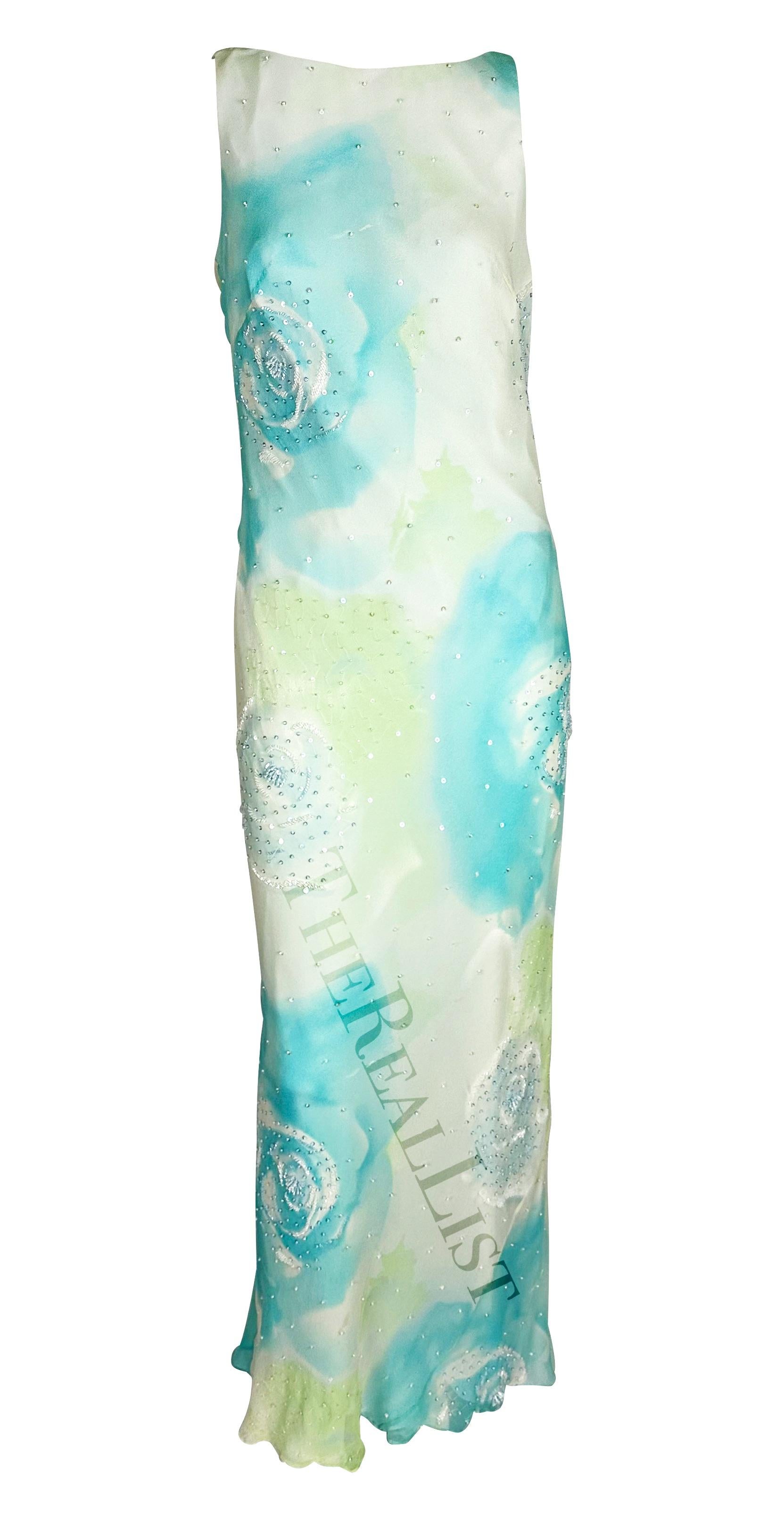 Late 1990s Bob Mackie Blue Pastel Rose Floral Beaded Sleeveless Gown In Good Condition For Sale In West Hollywood, CA