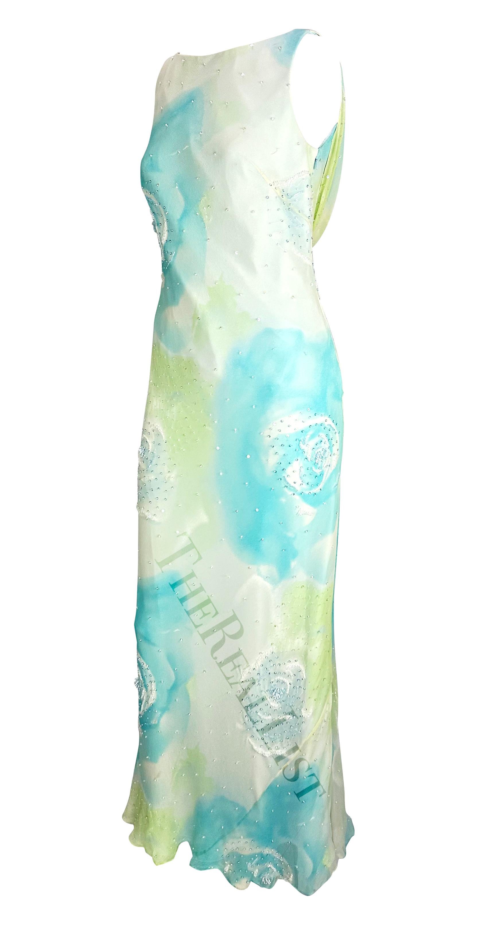 Ende der 1990er Bob Mackie Blaues ärmelloses Kleid mit Pastell-Rosen-Blumenperlen und Perlenbesatz Damen im Angebot