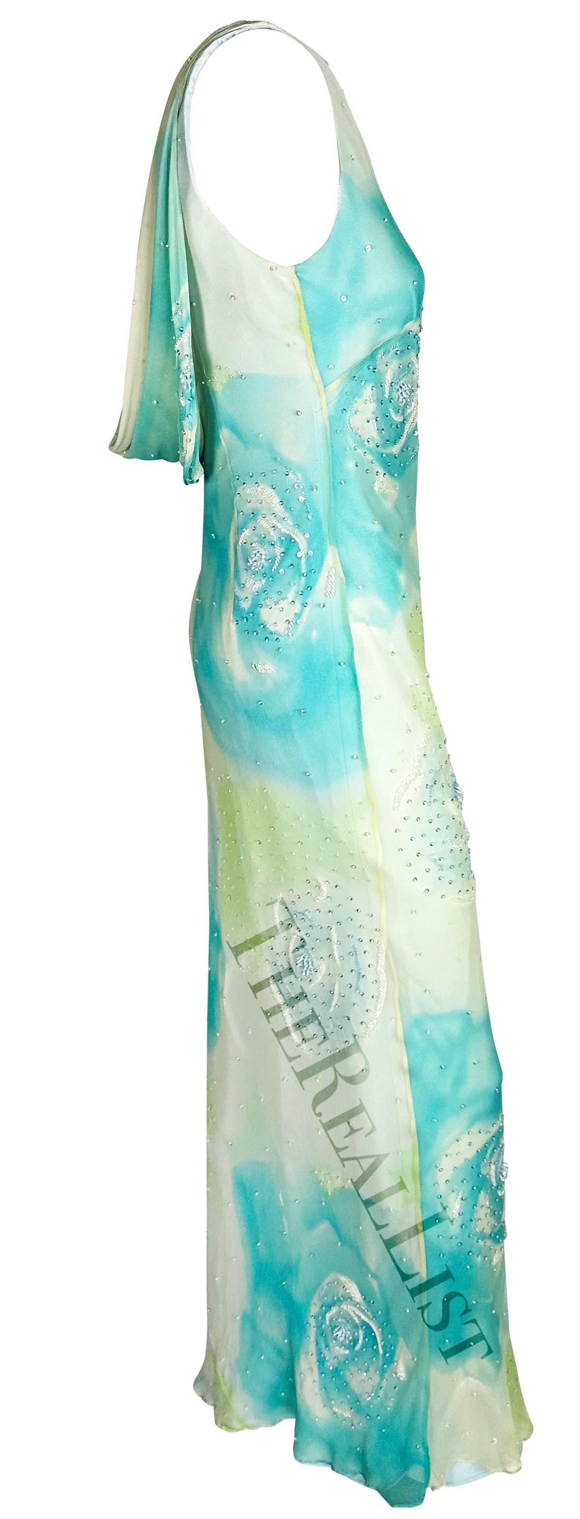 Late 1990s Bob Mackie Blue Pastel Rose Floral Beaded Sleeveless Gown For Sale 2