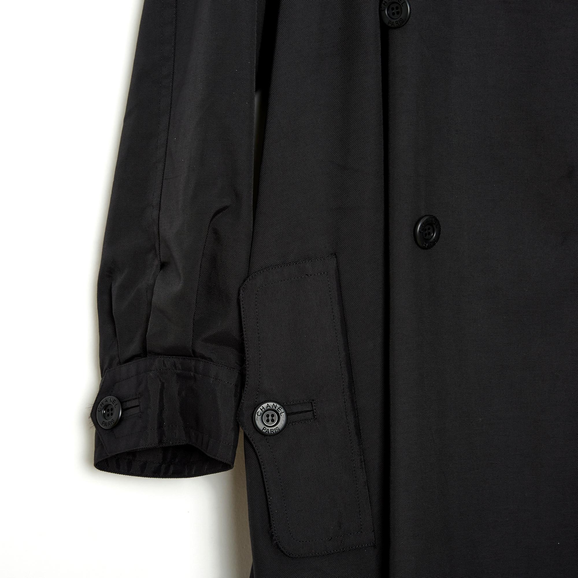 Women's or Men's Late 1990s Chanel Trench Coat  FR42 Silk Black For Sale