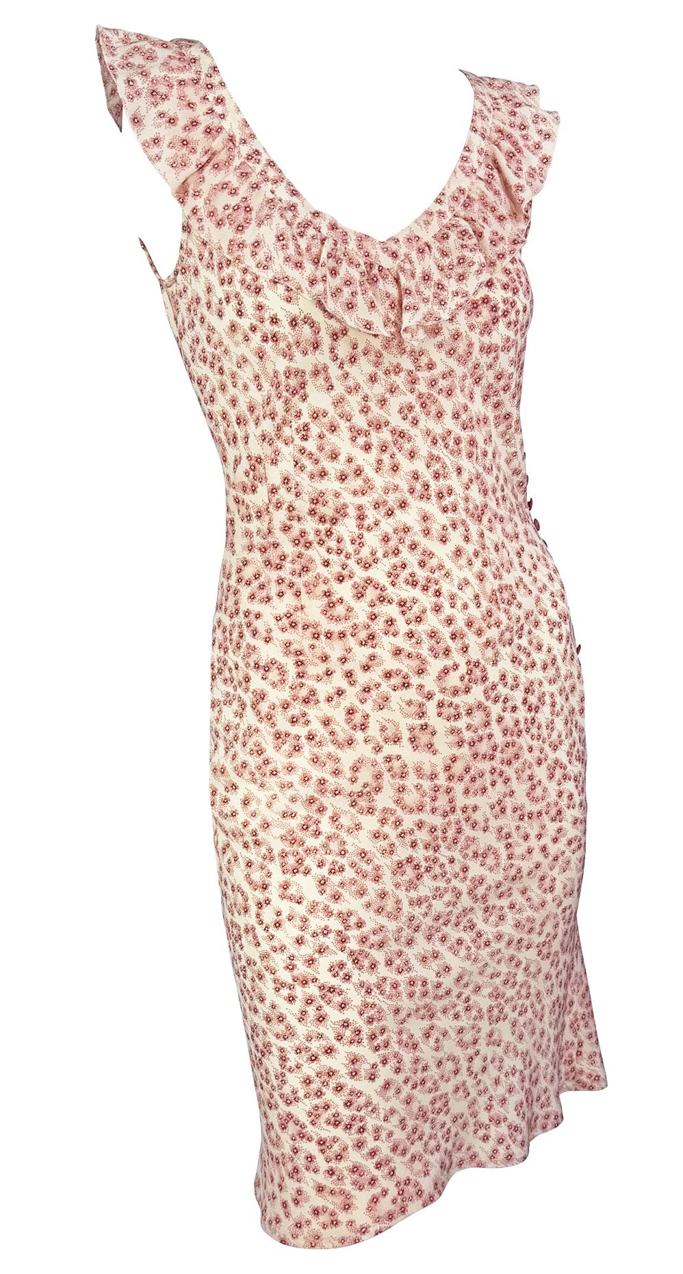 Vestido midi con ribete de volantes y estampado floral rosa Chloé by Stella McCartney de finales de los 90 en venta 2
