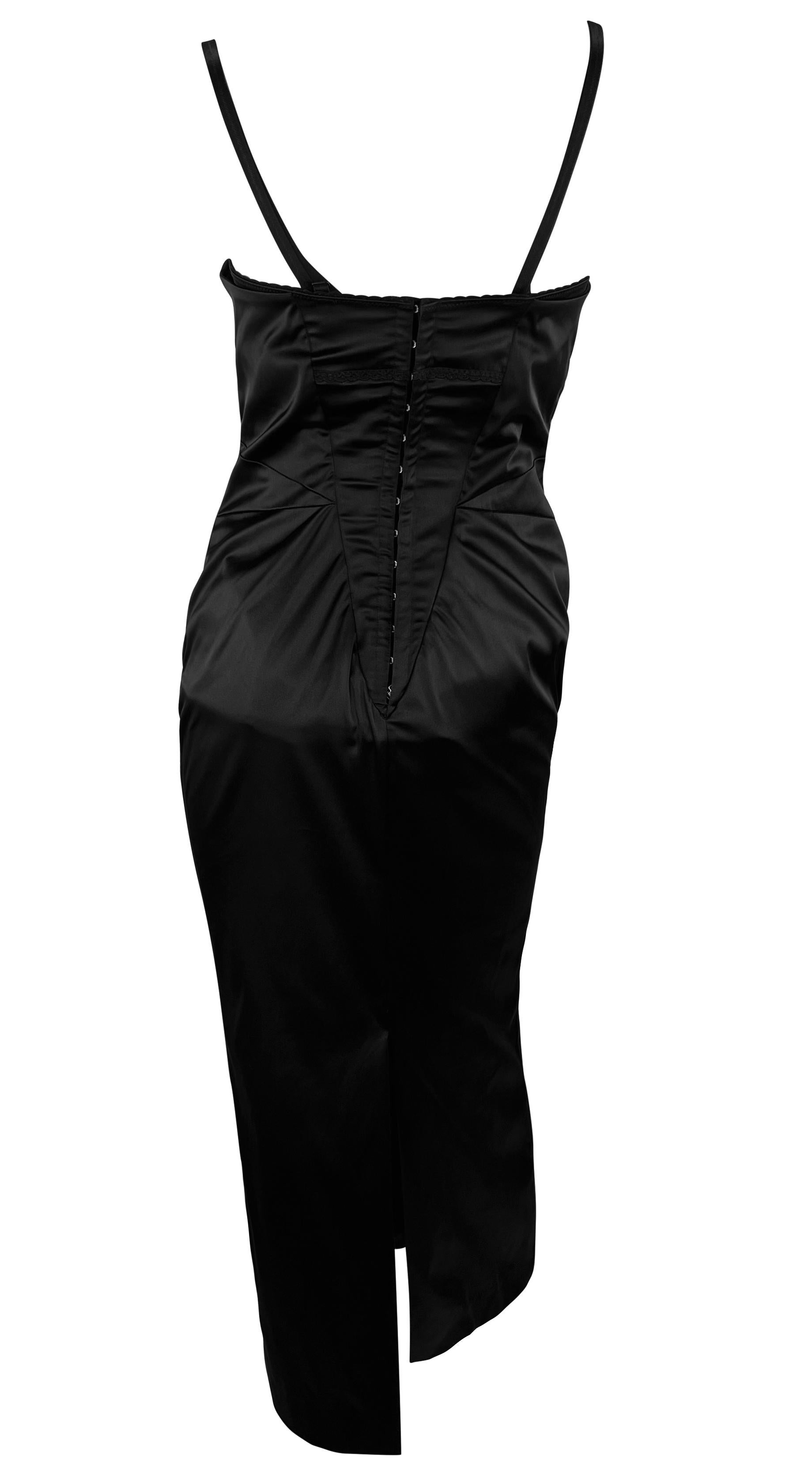 Late 1990s Dolce & Gabbana Black Satin Bustier Bodysuit Midi Cocktail Dress In Excellent Condition For Sale In West Hollywood, CA