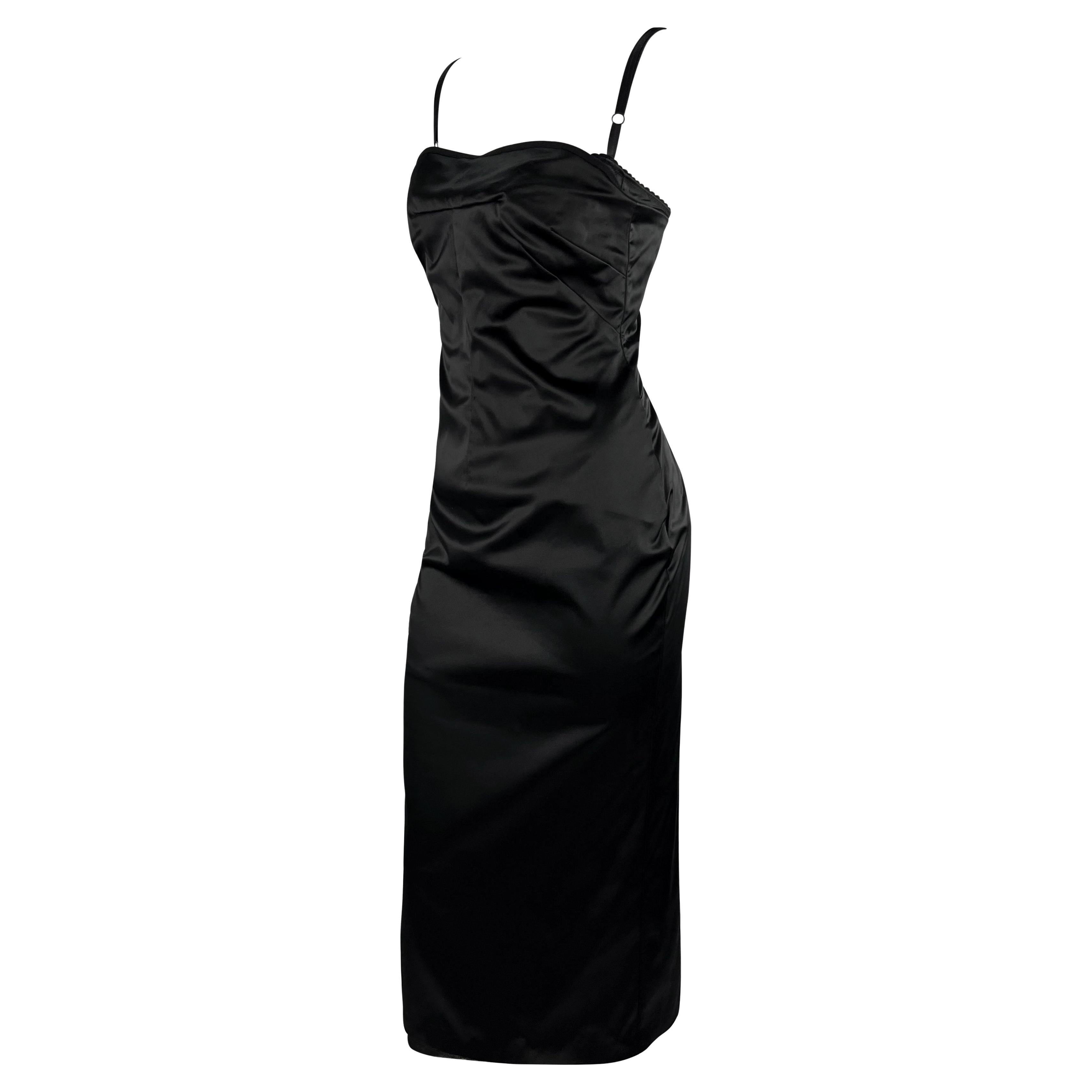 Late 1990s Dolce & Gabbana Black Satin Bustier Bodysuit Midi Cocktail Dress For Sale