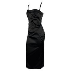 Late 1990s Dolce & Gabbana Black Satin Bustier Bodysuit Midi Cocktail Dress