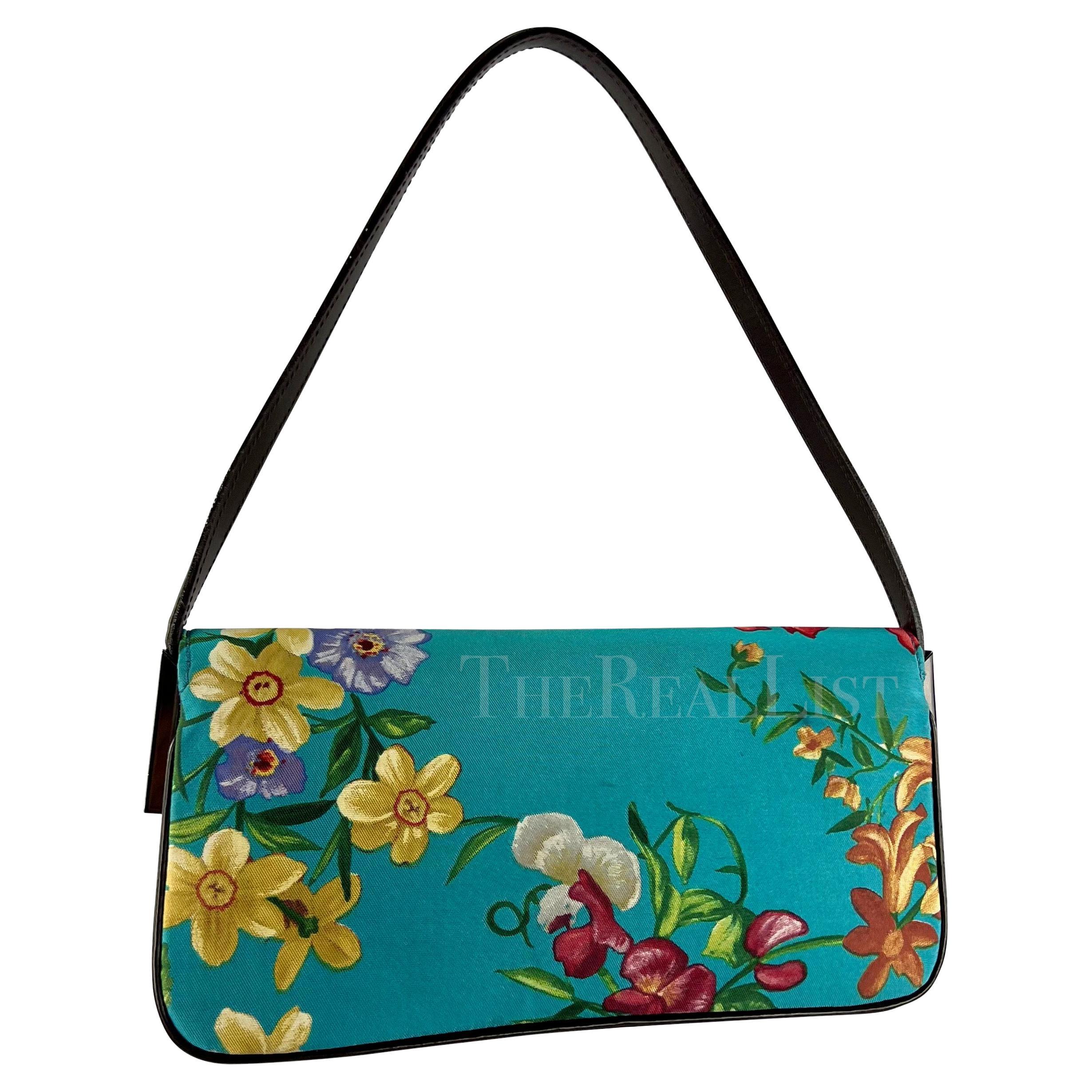 Late 1990s Dolce & Gabbana Blue Satin Floral Small Y2K Shoulder Bag In Excellent Condition For Sale In West Hollywood, CA
