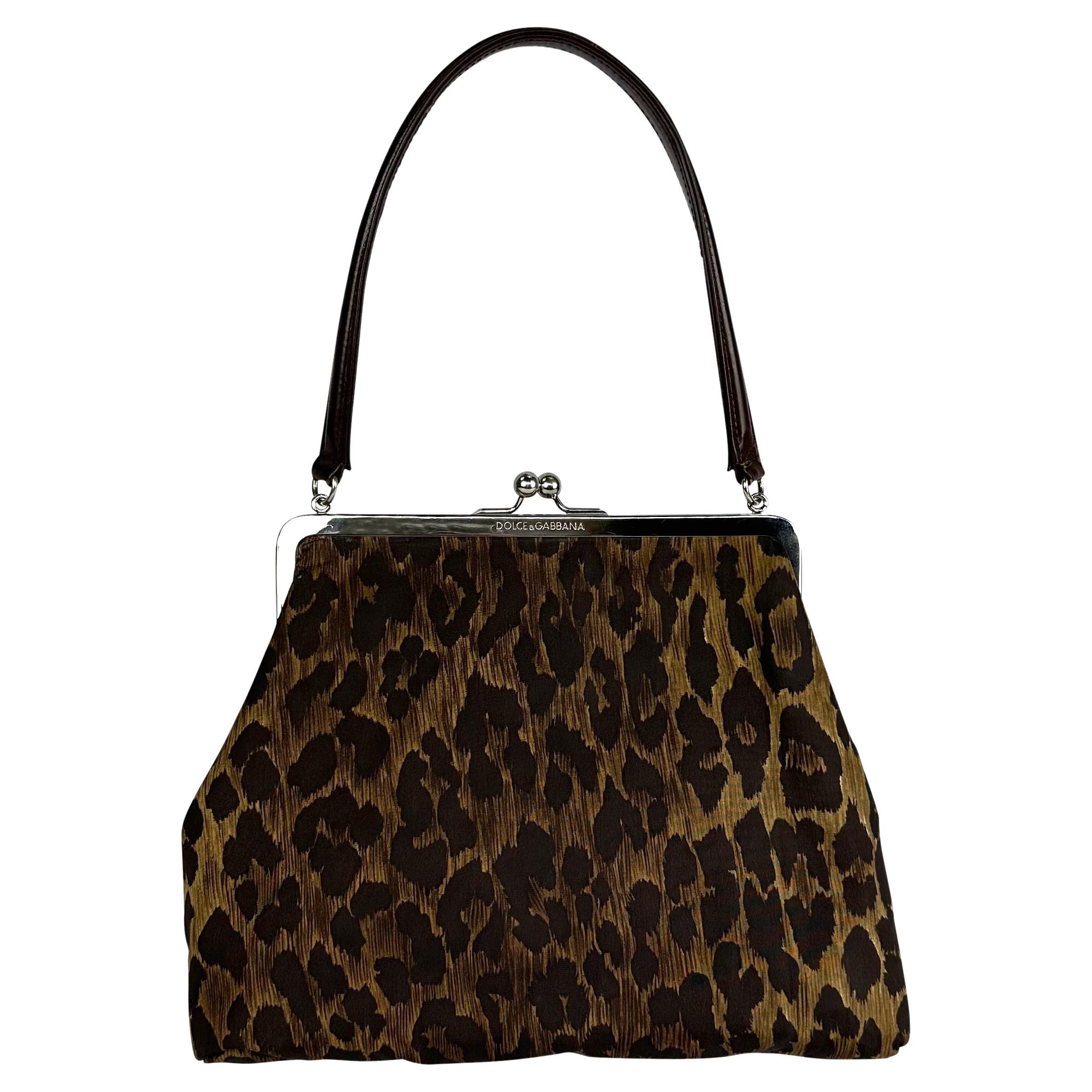 Late 1990s Dolce & Gabbana Brown Cheetah Print Kiss Lock Top Handle Bag For Sale