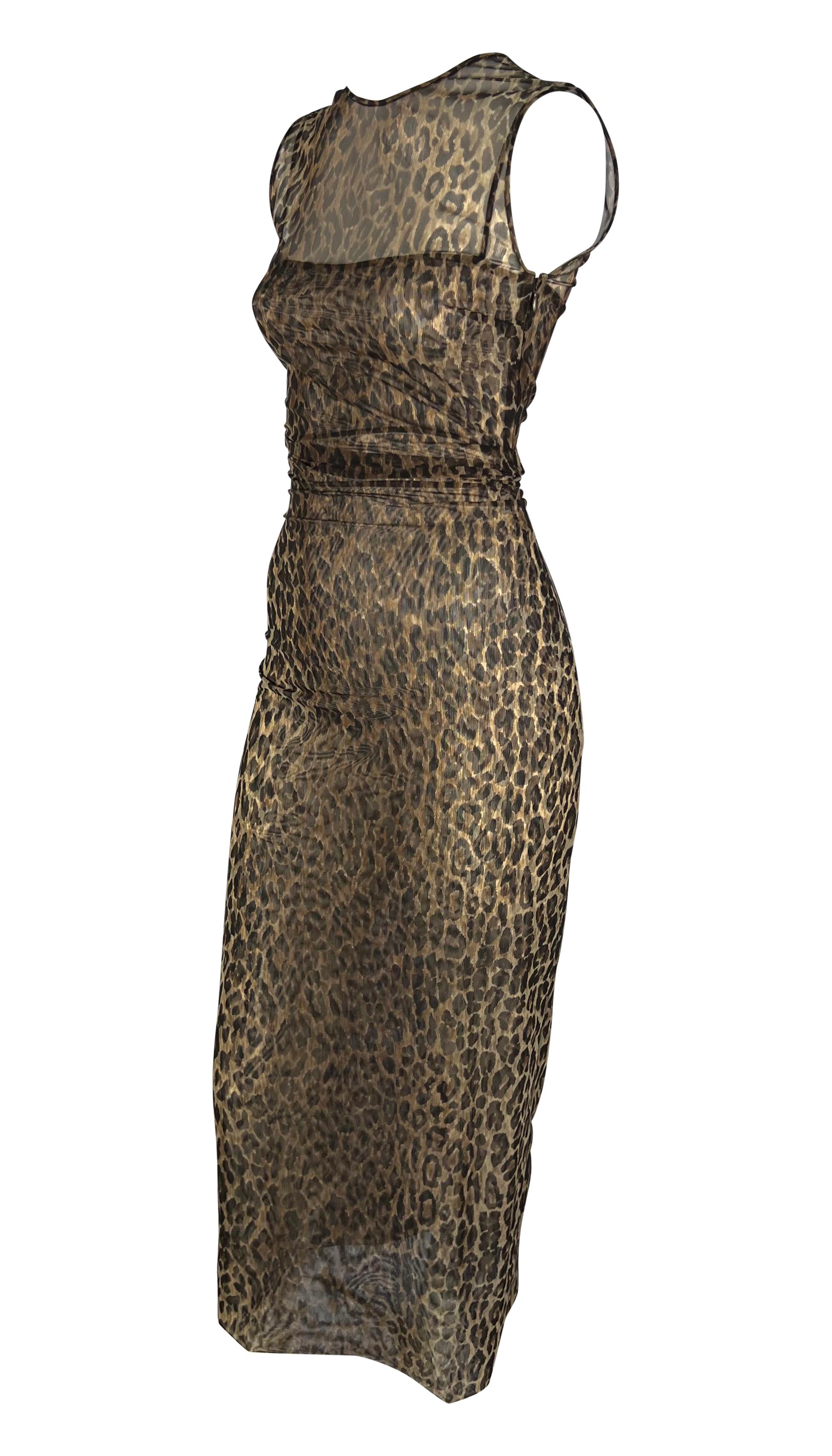 Late 1990s Dolce & Gabbana Sheer Sleeveless Cheetah Print Ruched Bodycon Dress In Excellent Condition For Sale In West Hollywood, CA