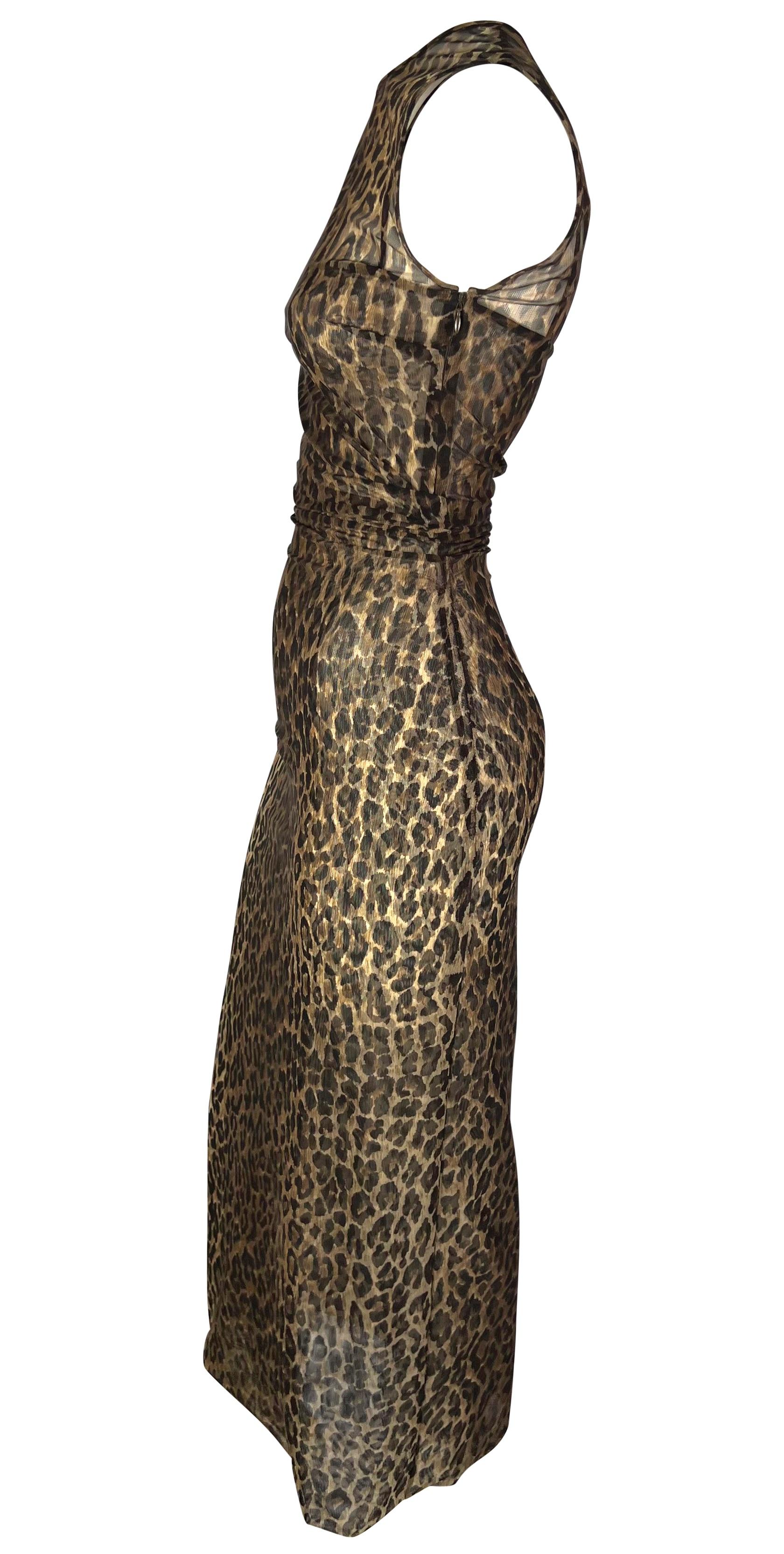 Women's Late 1990s Dolce & Gabbana Sheer Sleeveless Cheetah Print Ruched Bodycon Dress For Sale