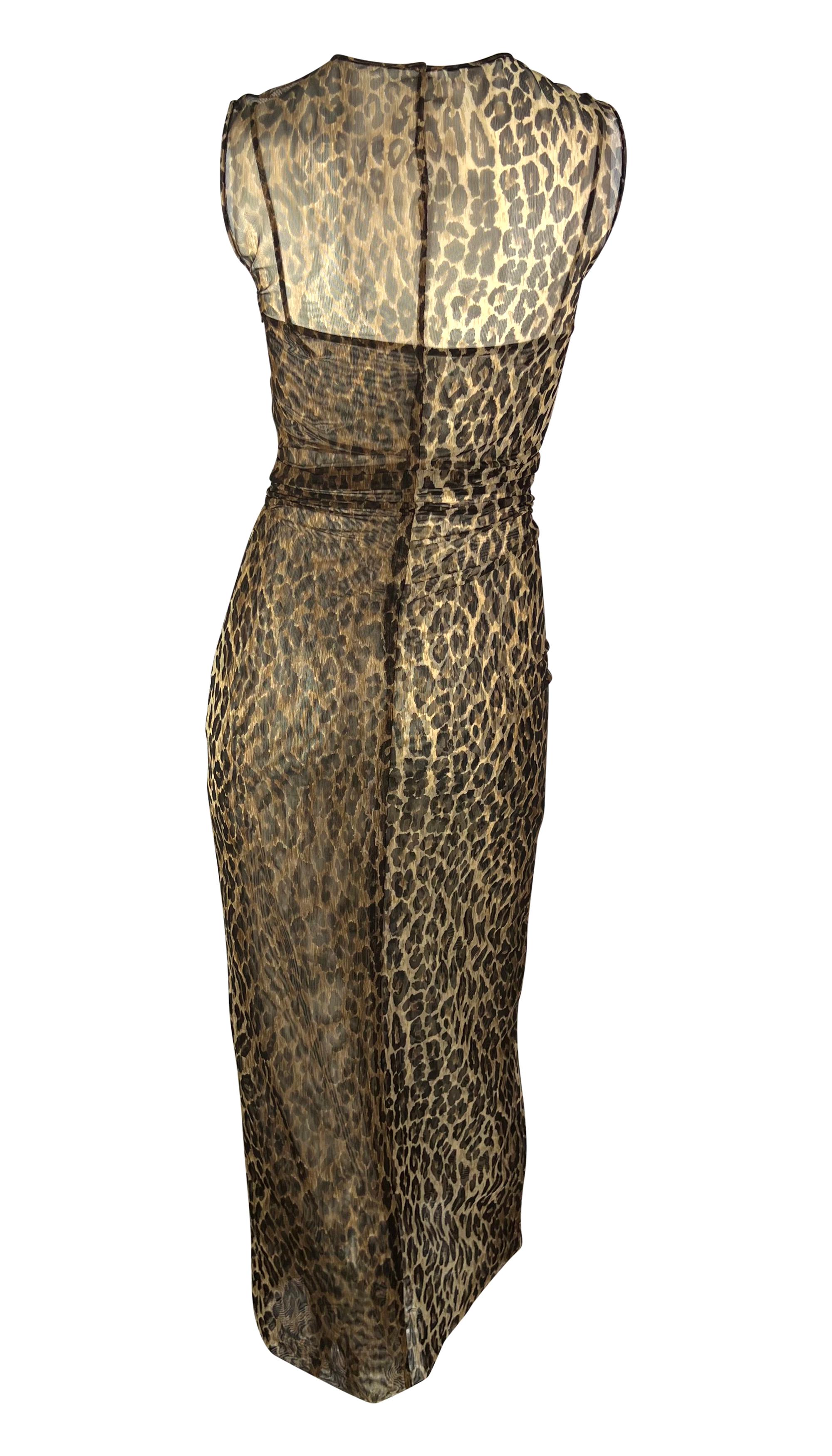 Late 1990s Dolce & Gabbana Sheer Sleeveless Cheetah Print Ruched Bodycon Dress For Sale 1