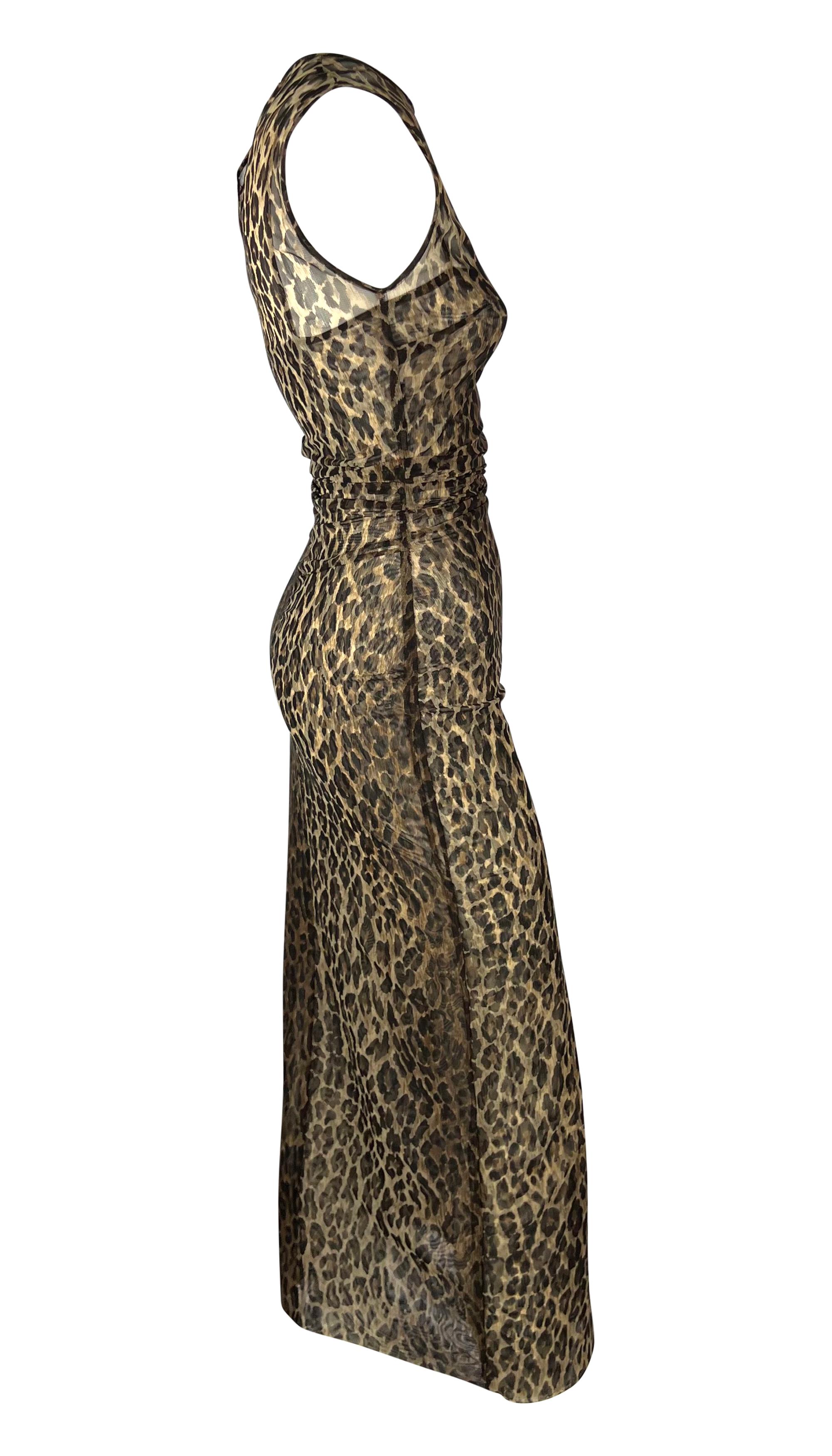 Late 1990s Dolce & Gabbana Sheer Sleeveless Cheetah Print Ruched Bodycon Dress For Sale 2