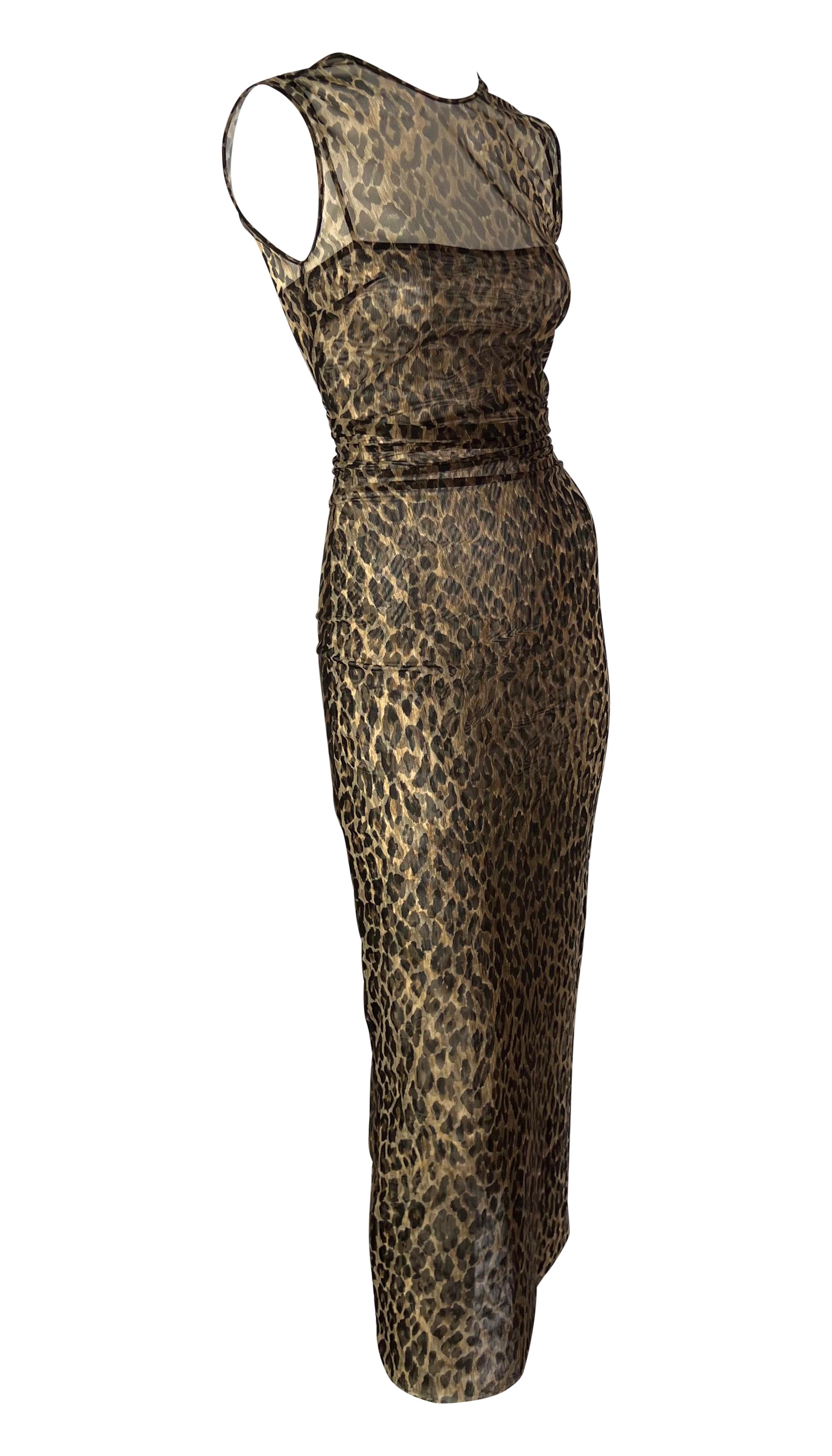 Late 1990s Dolce & Gabbana Sheer Sleeveless Cheetah Print Ruched Bodycon Dress For Sale 3