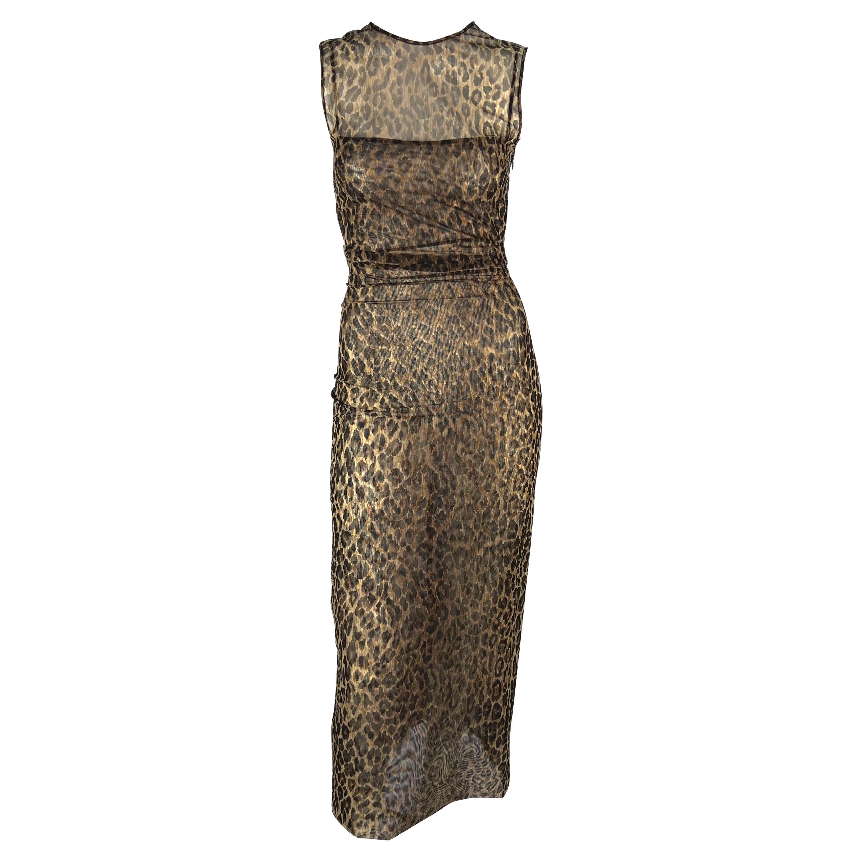 Late 1990s Dolce & Gabbana Sheer Sleeveless Cheetah Print Ruched Bodycon Dress For Sale