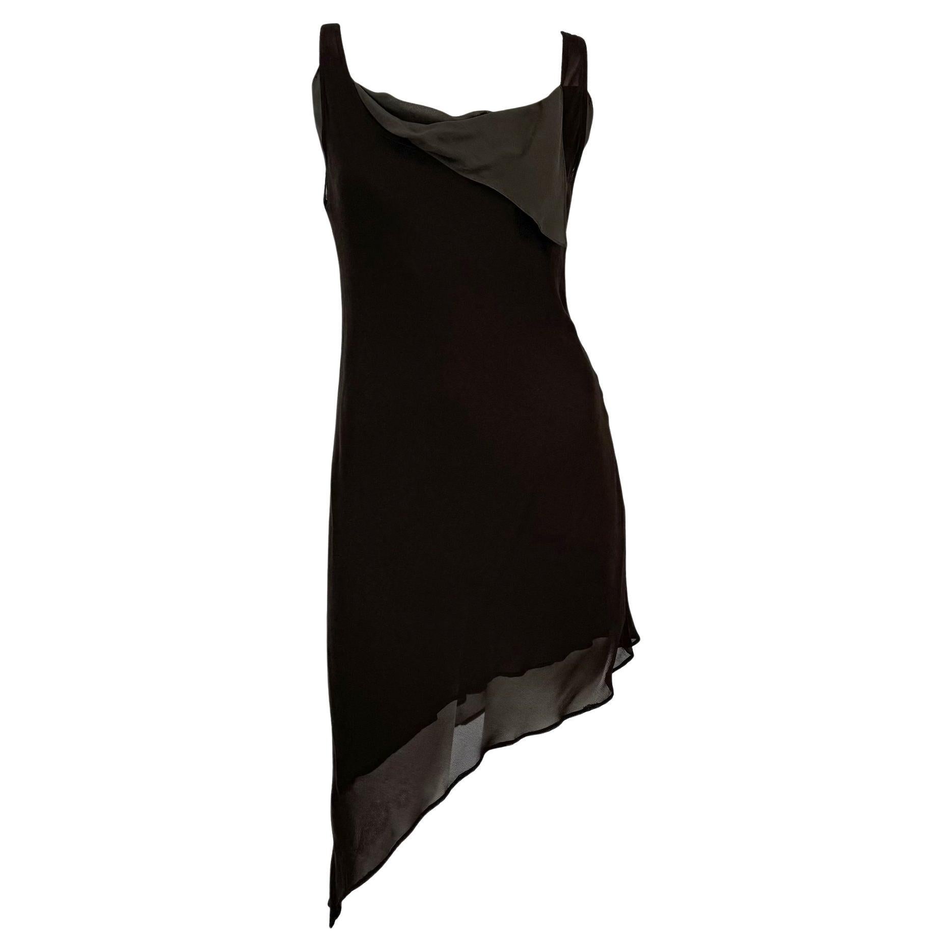 Late 1990s Donna Karan Sheer Dark Brown Asymmetric Grey Double Slip Dress For Sale