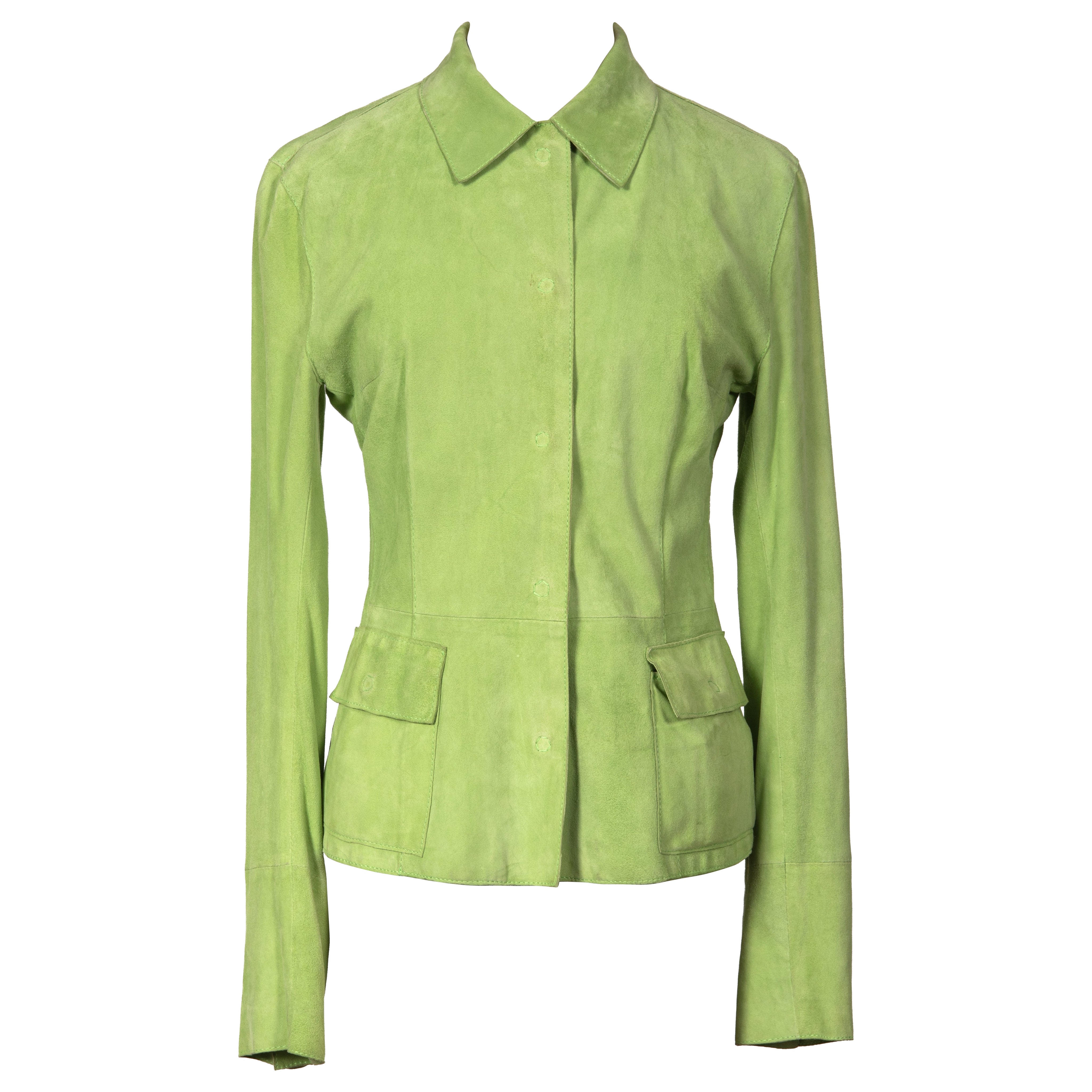 Fin des années 1990 / Début des années 2000 : veste en daim vert citron Dolce & Gabbana, doublure à imprimé léopard en vente