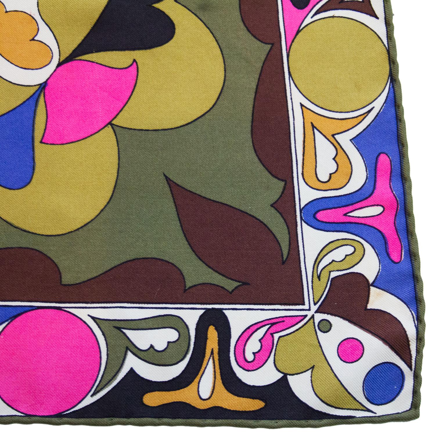 Women's or Men's Late 1990s Emilio Pucci Brown, Pink and Forest Green Printed Silk Scarf