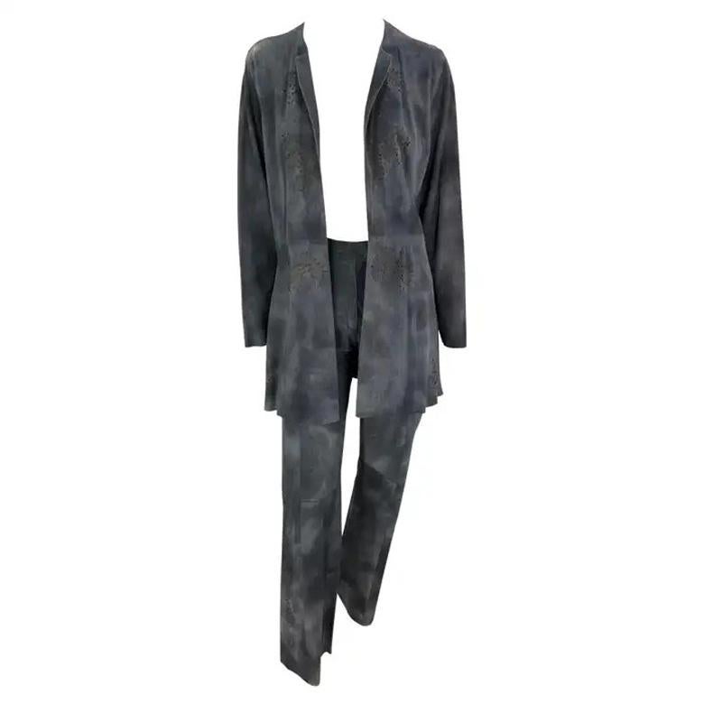 Late 1990s Fendi by Karl Lagerfeld Blue Grey Distressed Suede Matching Set