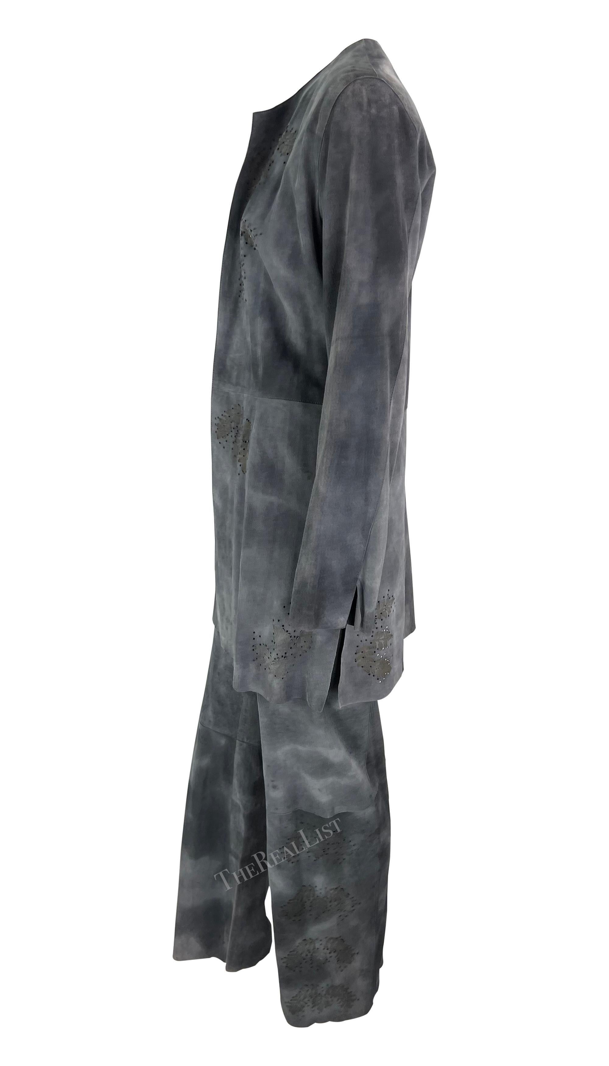 Gray Late 1990s Fendi by Karl Lagerfeld Blue Grey Distressed Suede Matching Set For Sale