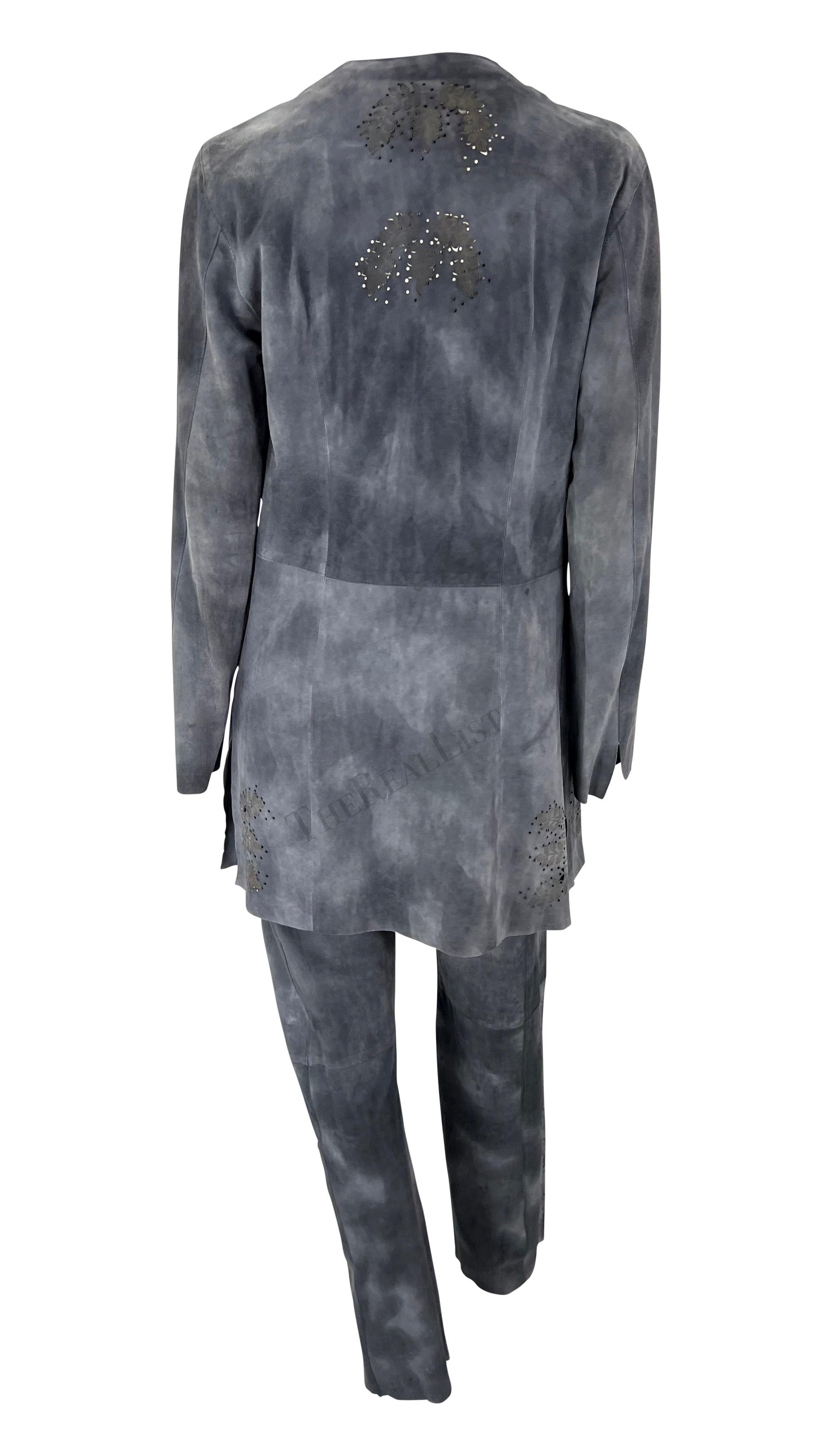 Women's Late 1990s Fendi by Karl Lagerfeld Blue Grey Distressed Suede Matching Set For Sale