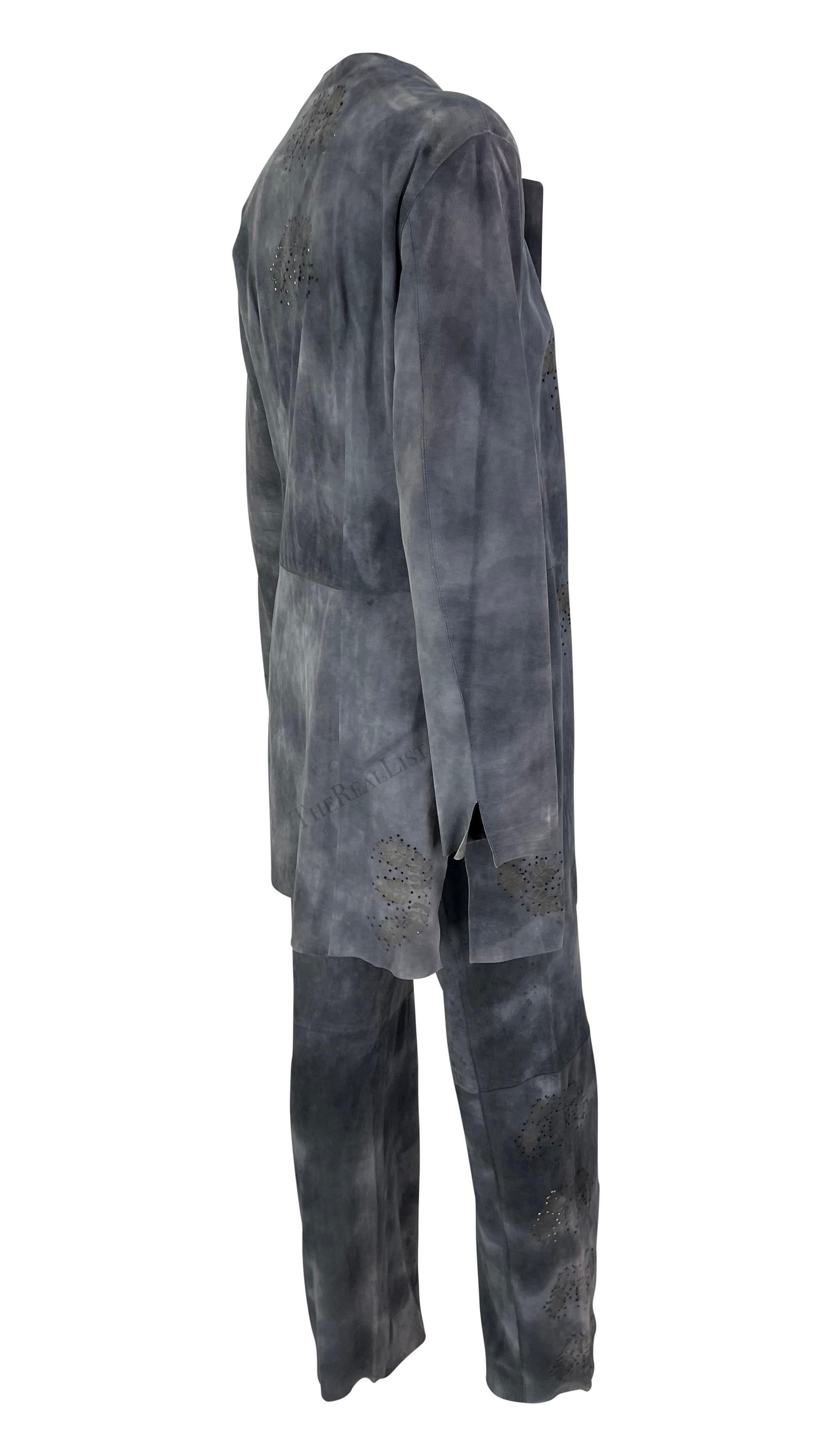 Women's Late 1990s Fendi by Karl Lagerfeld Blue Grey Distressed Suede Matching Set For Sale