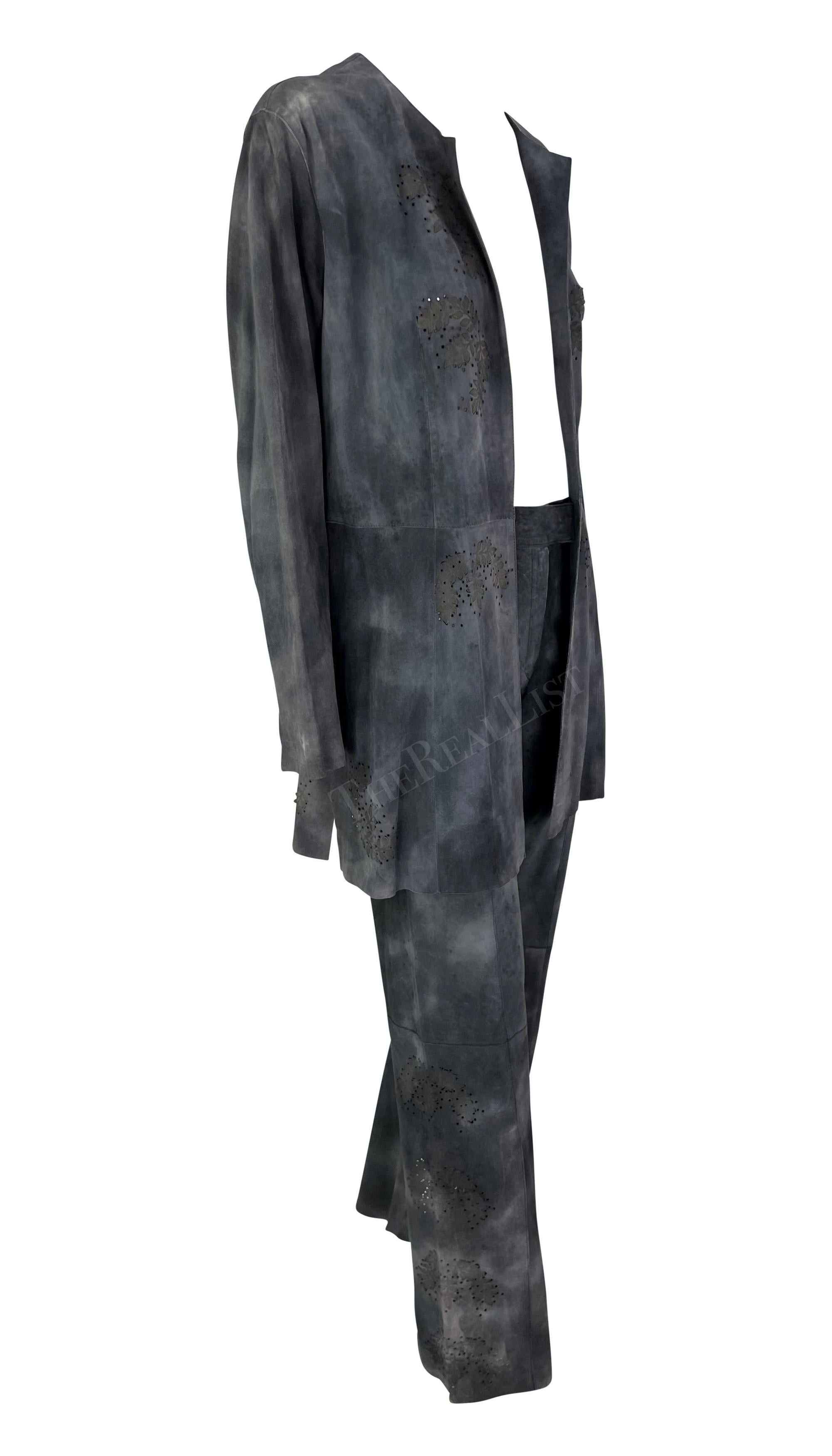 Late 1990s Fendi by Karl Lagerfeld Blue Grey Distressed Suede Matching Set For Sale 2