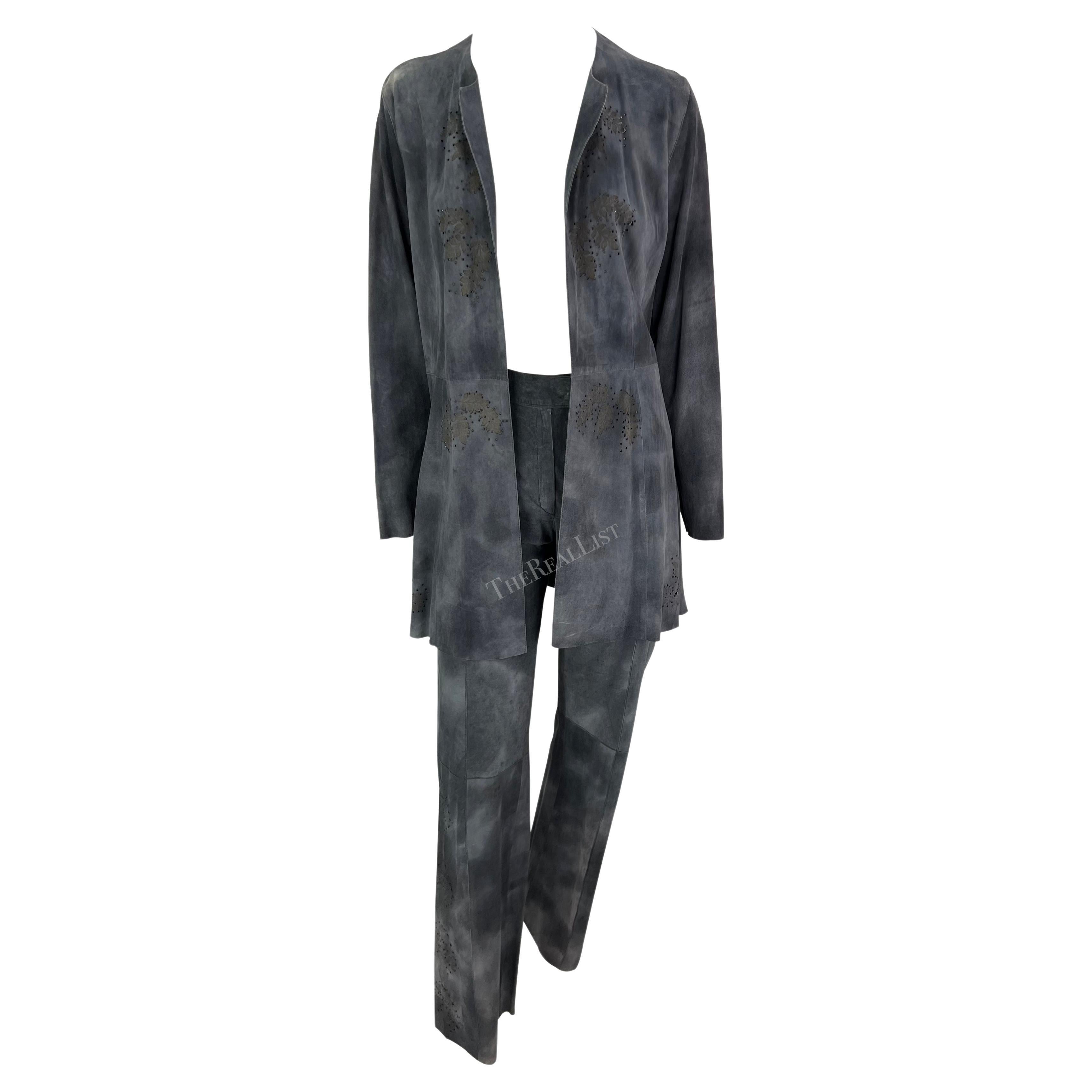 Late 1990s Fendi by Karl Lagerfeld Blue Grey Distressed Suede Matching Set For Sale