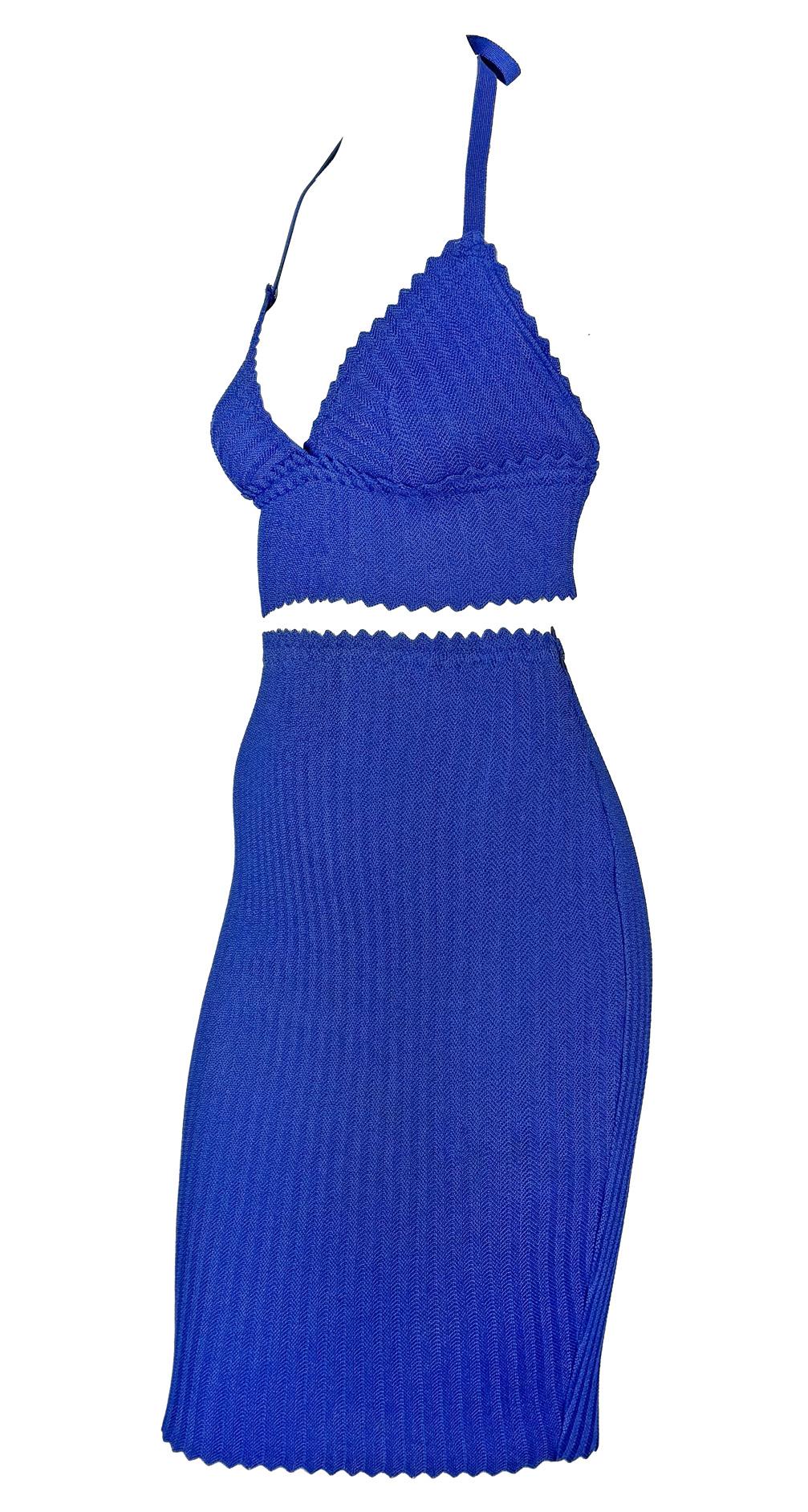 Finales de los 90 Fendi by Karl Lagerfeld Conjunto de falda bralette de punto recortado azul Azul en venta