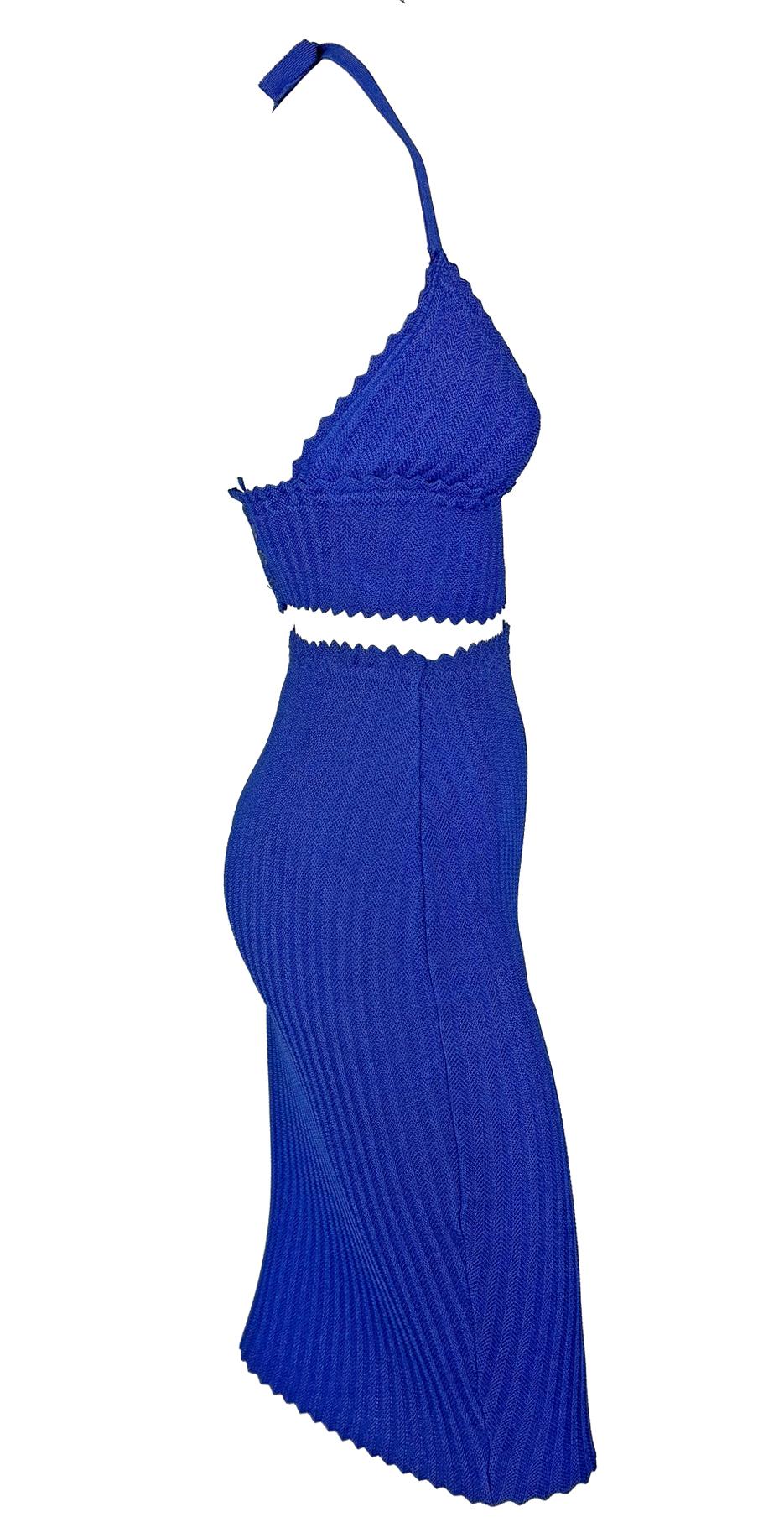 Finales de los 90 Fendi by Karl Lagerfeld Conjunto de falda bralette de punto recortado azul en venta 1