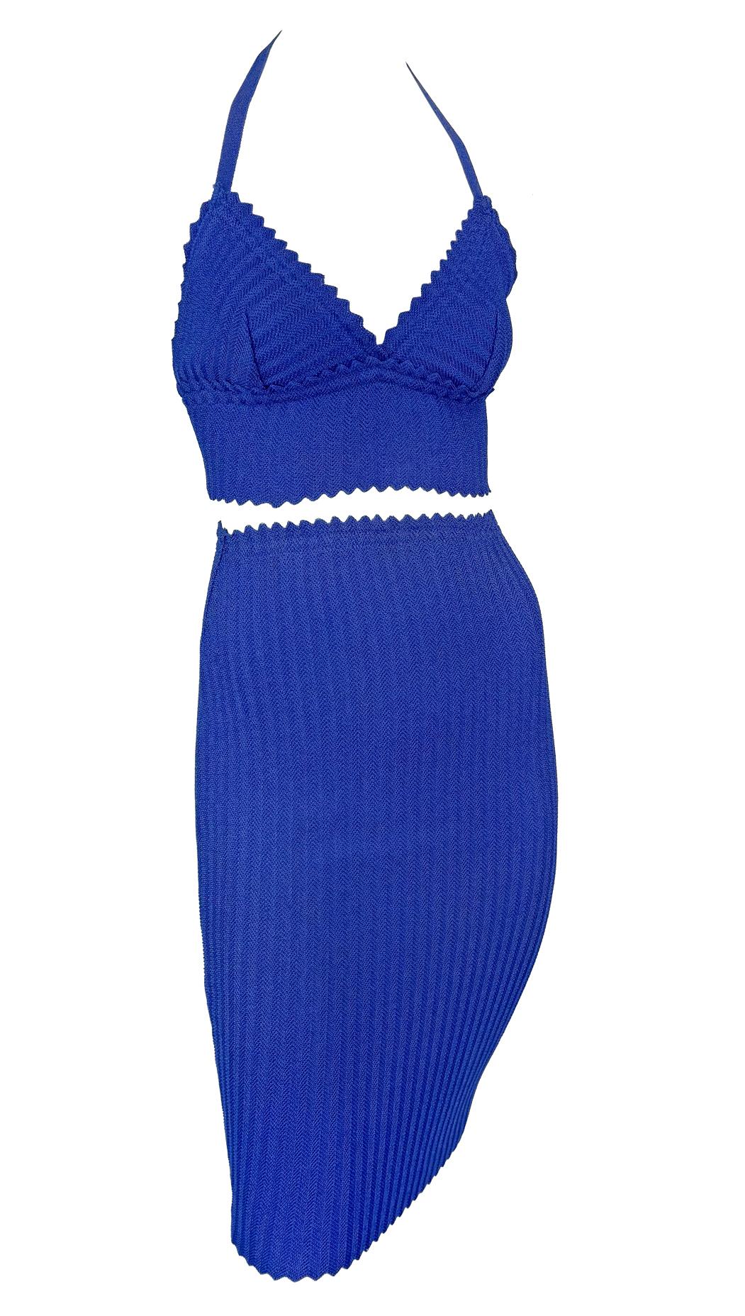 Finales de los 90 Fendi by Karl Lagerfeld Conjunto de falda bralette de punto recortado azul en venta 2