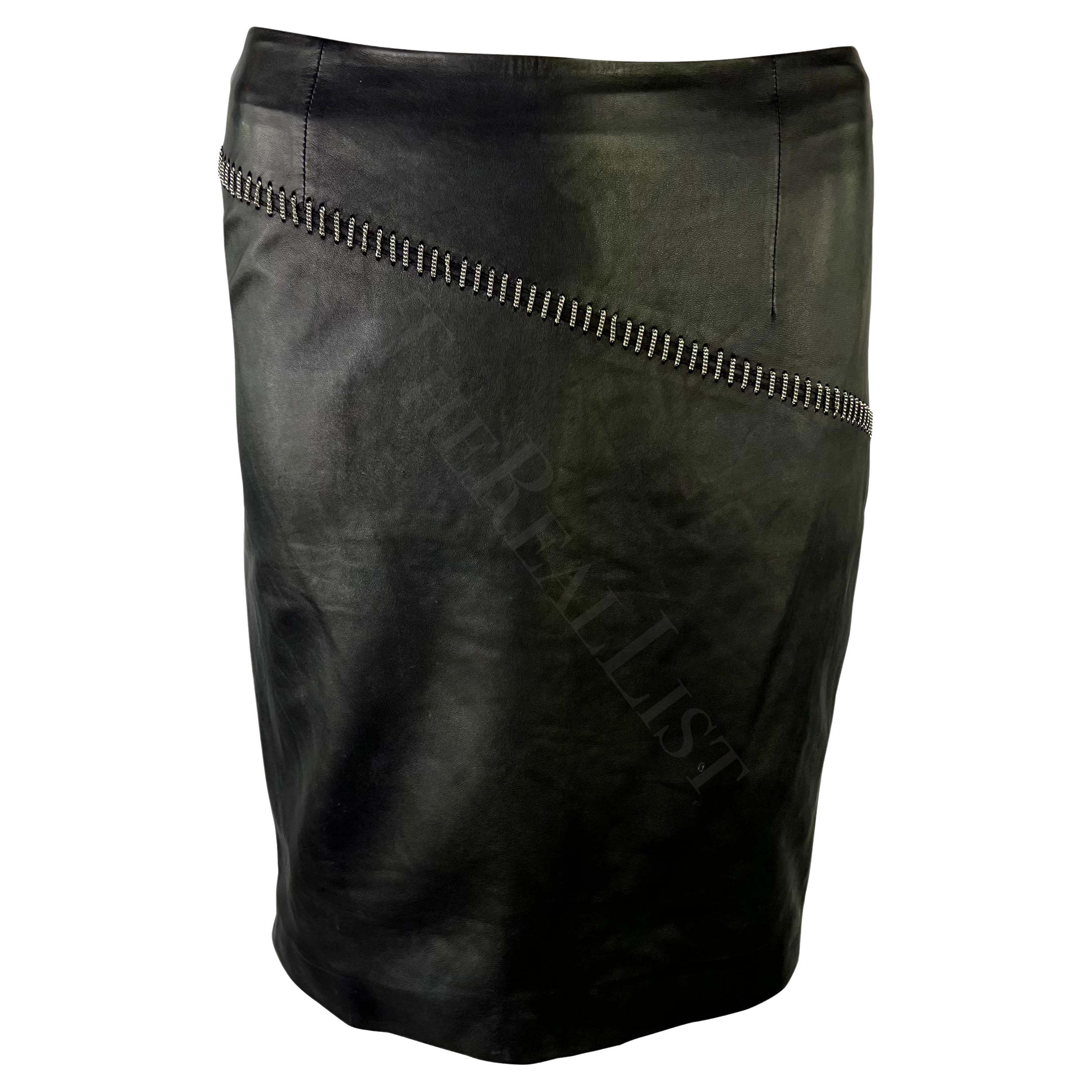 S/S 1999 Gianni Versace by Donatella Black Leather Silver Chain Mini Skirt For Sale