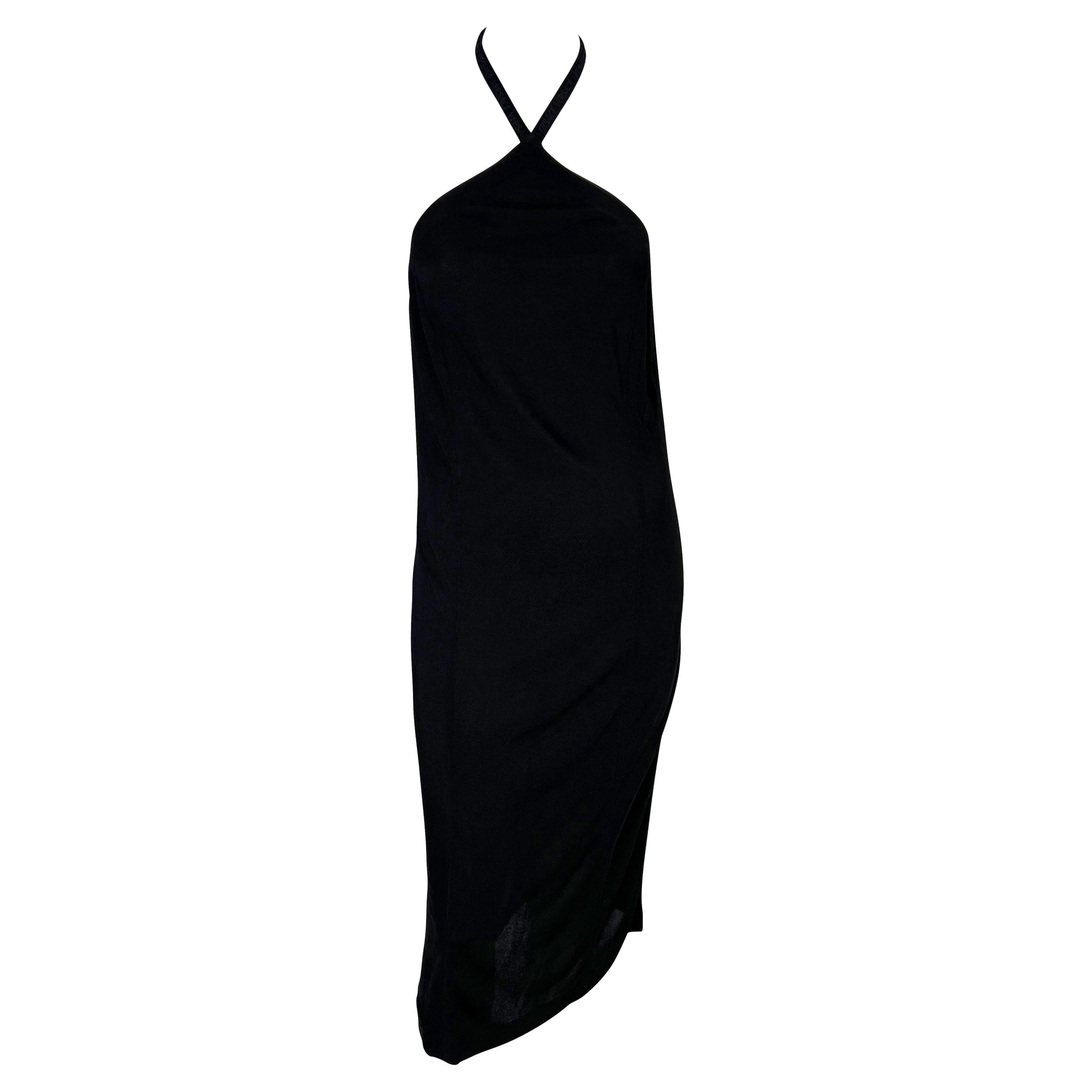 Late 1990s Gianni Versace by Donatella Logo Knit Stretch Halter Neck Black Dress For Sale
