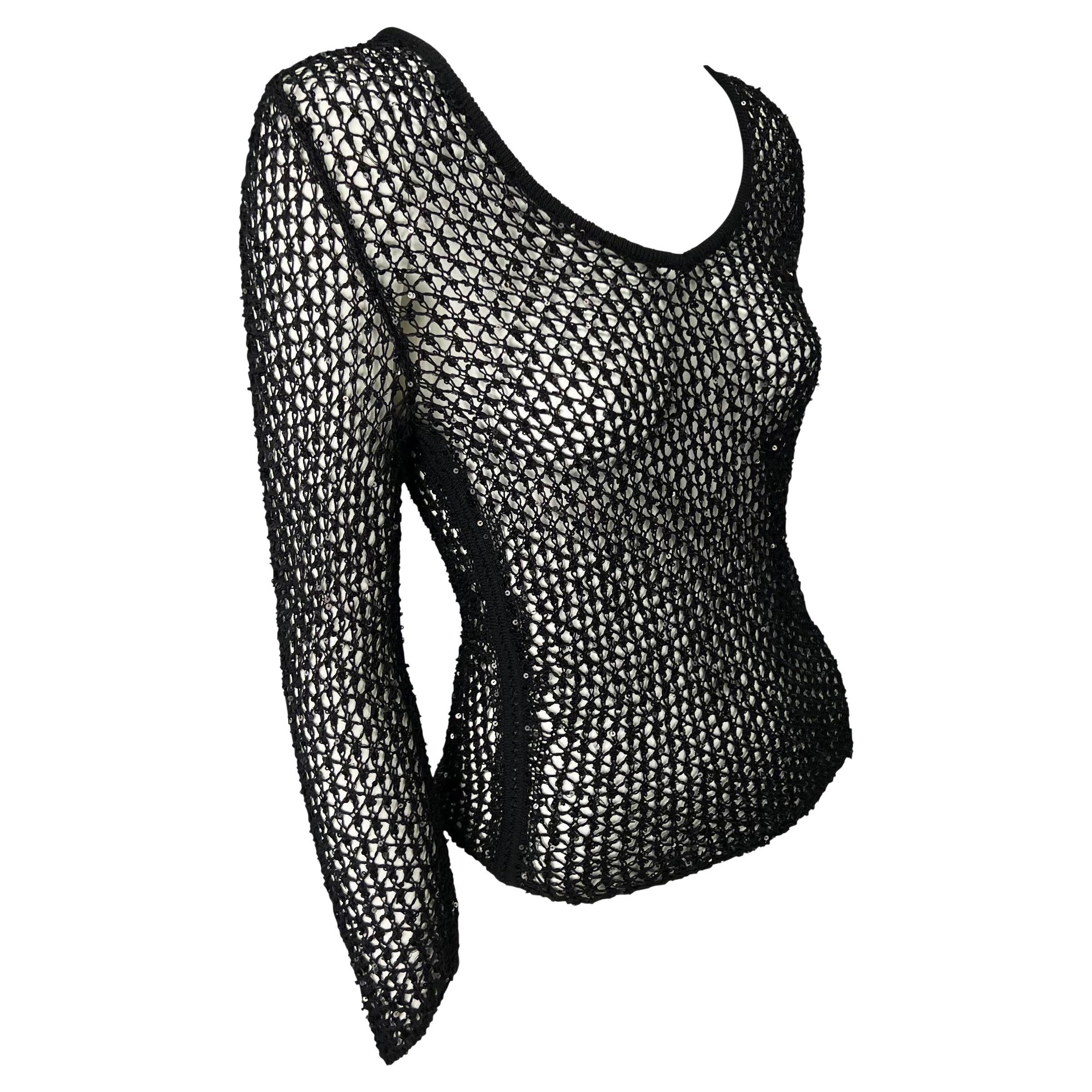 Black Late 1990s Gianni Versace by Donatella Sequin Fishnet Stretch Knit Sweater Top For Sale