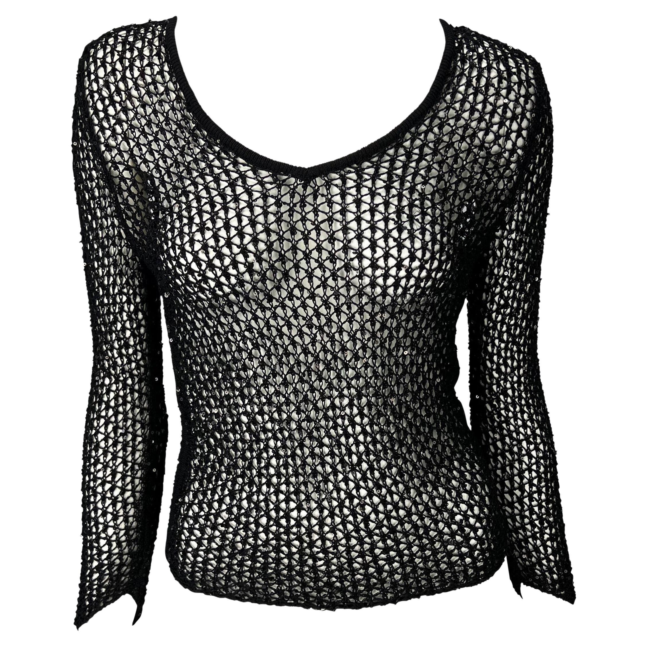 Late 1990s Gianni Versace by Donatella Sequin Fishnet Stretch Knit Sweater Top