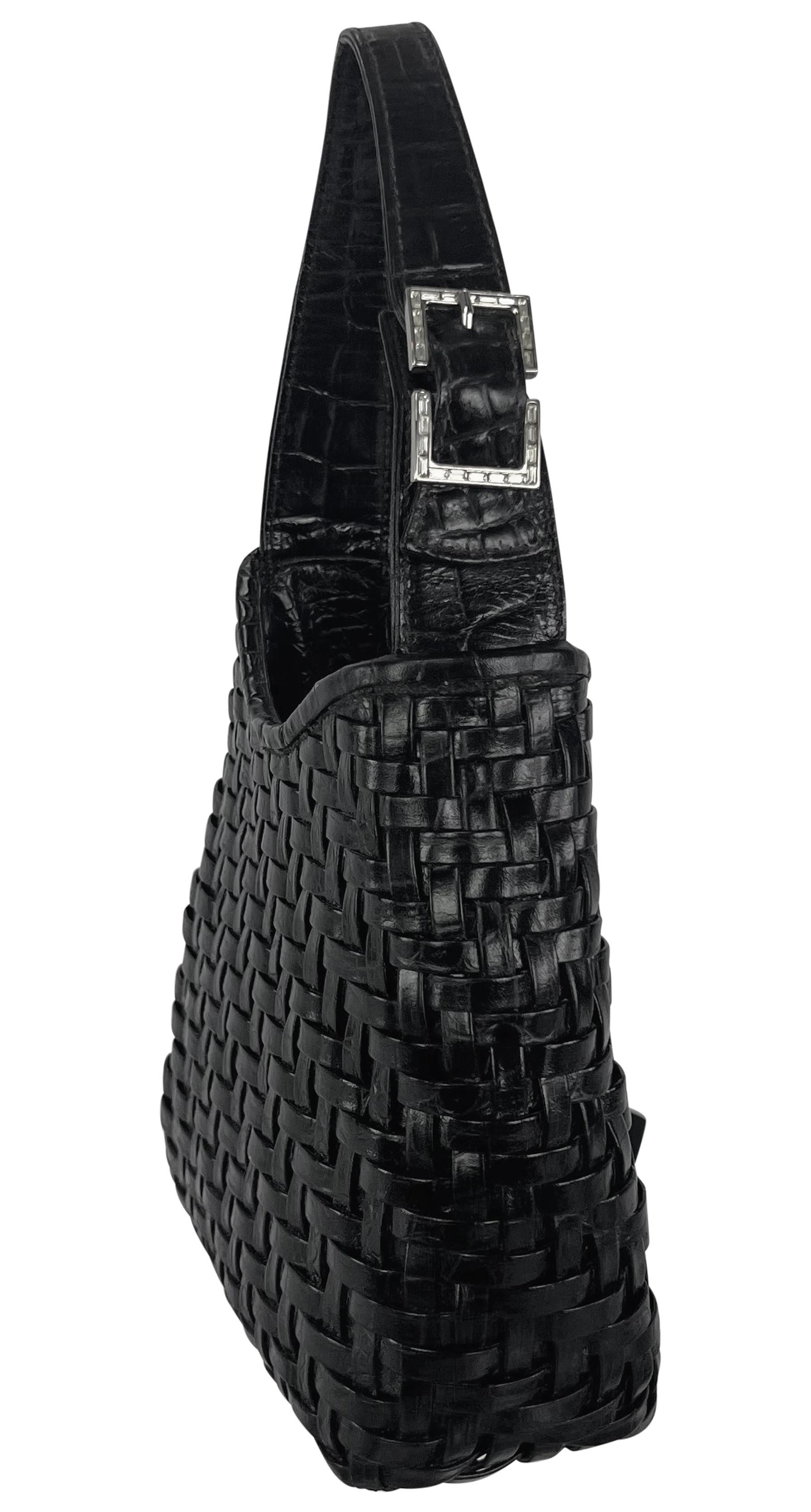 Black Late 1990s Gianni Versace by Donatella Woven Leather Rhinestone Medusa Mini Bag