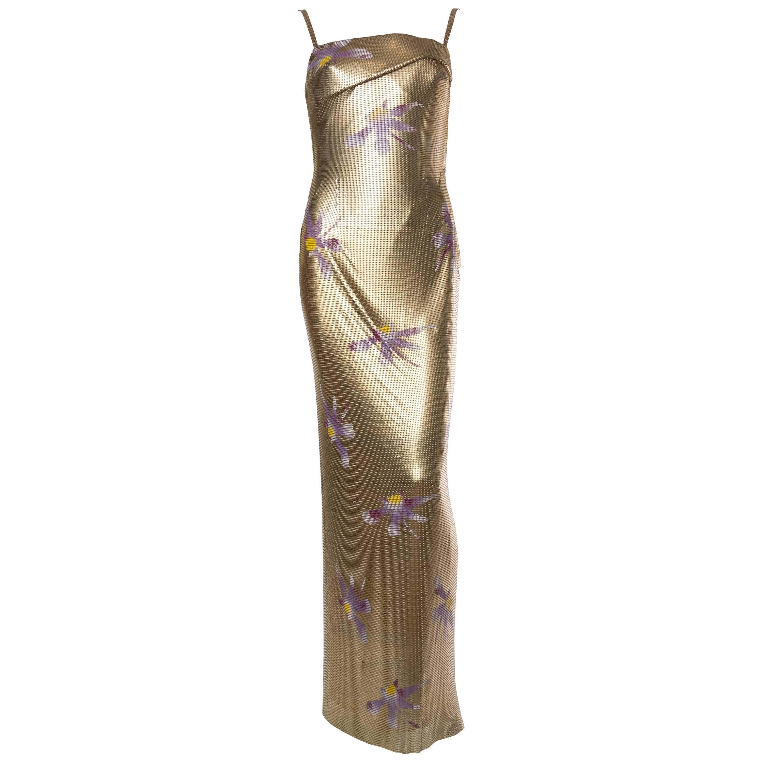 Late 1990s Gianni Versace Couture Gold Metal Mesh Backless Gown