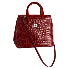 Late 1990s Gianni Versace Red Crocodile Embossed Top Handle Crossbody Bag 