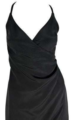 Late 1990s Giorgio Armani Backless Black Faux-Wrap High Slit Column Gown
