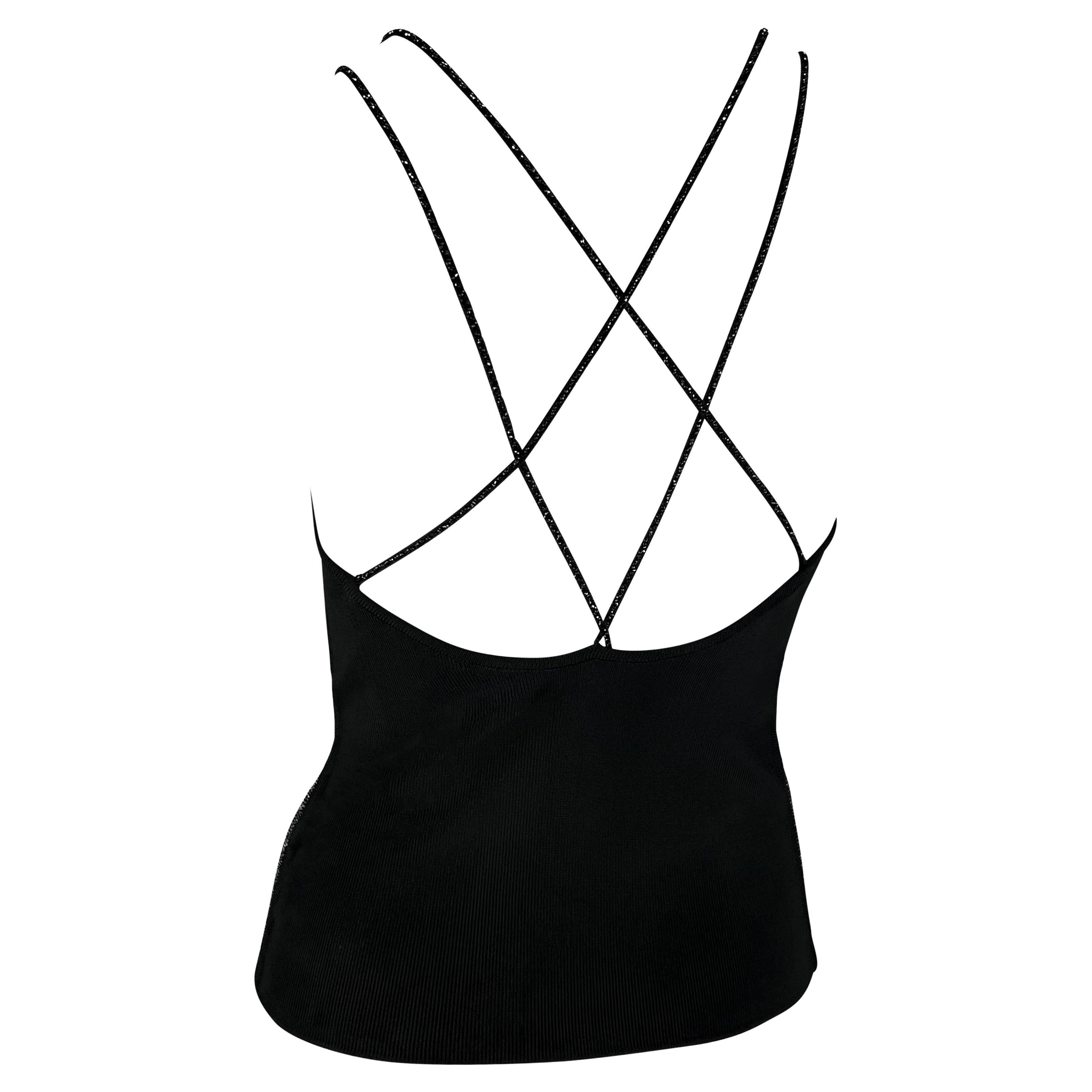 Late 1990s Giorgio Armani Beaded Strappy Backless Stretch Black Tank Top For Sale