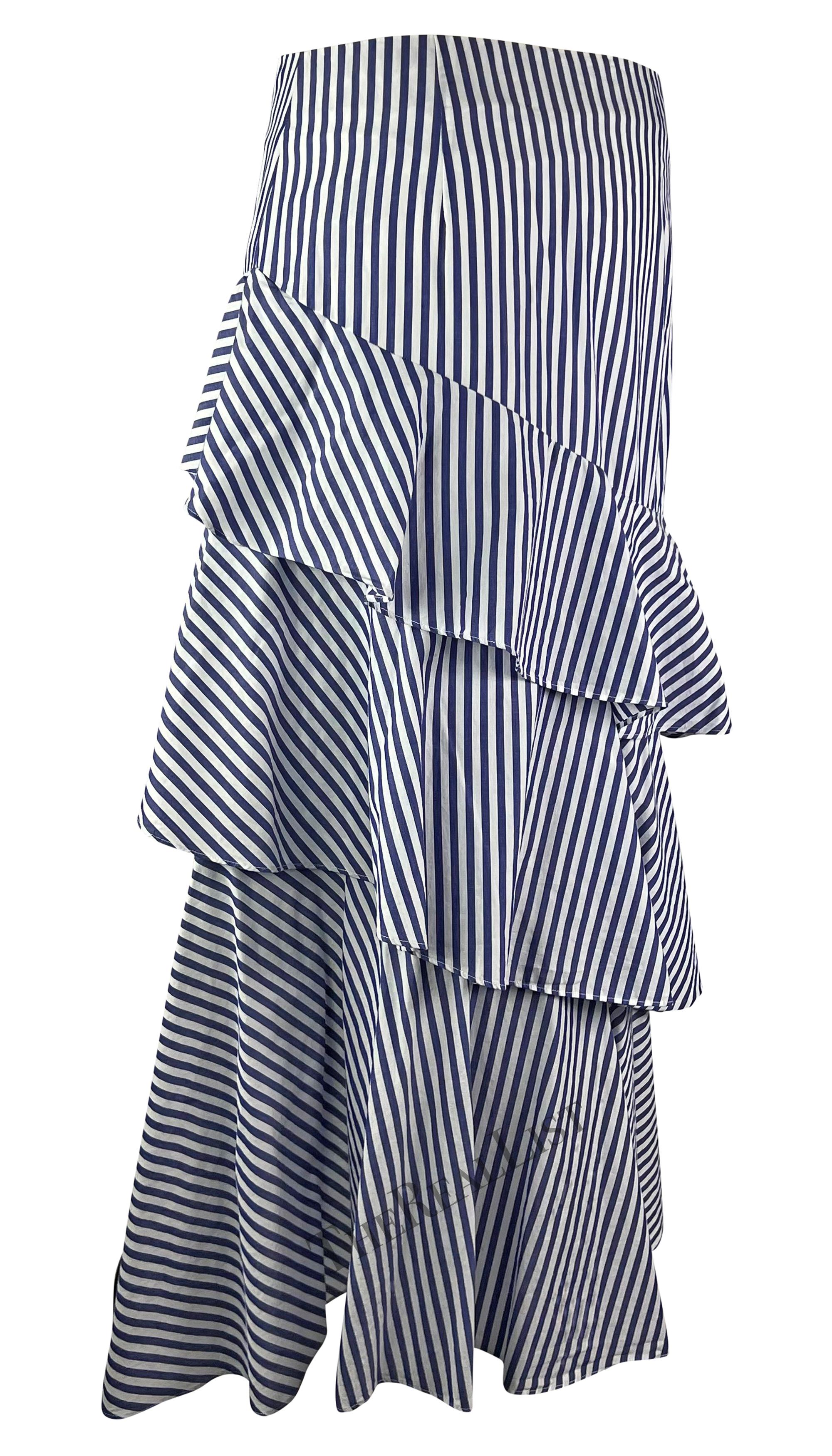 Late 1990s Giorgio Armani Blue White Striped Ruffle Maxi Skirt In Excellent Condition For Sale In West Hollywood, CA