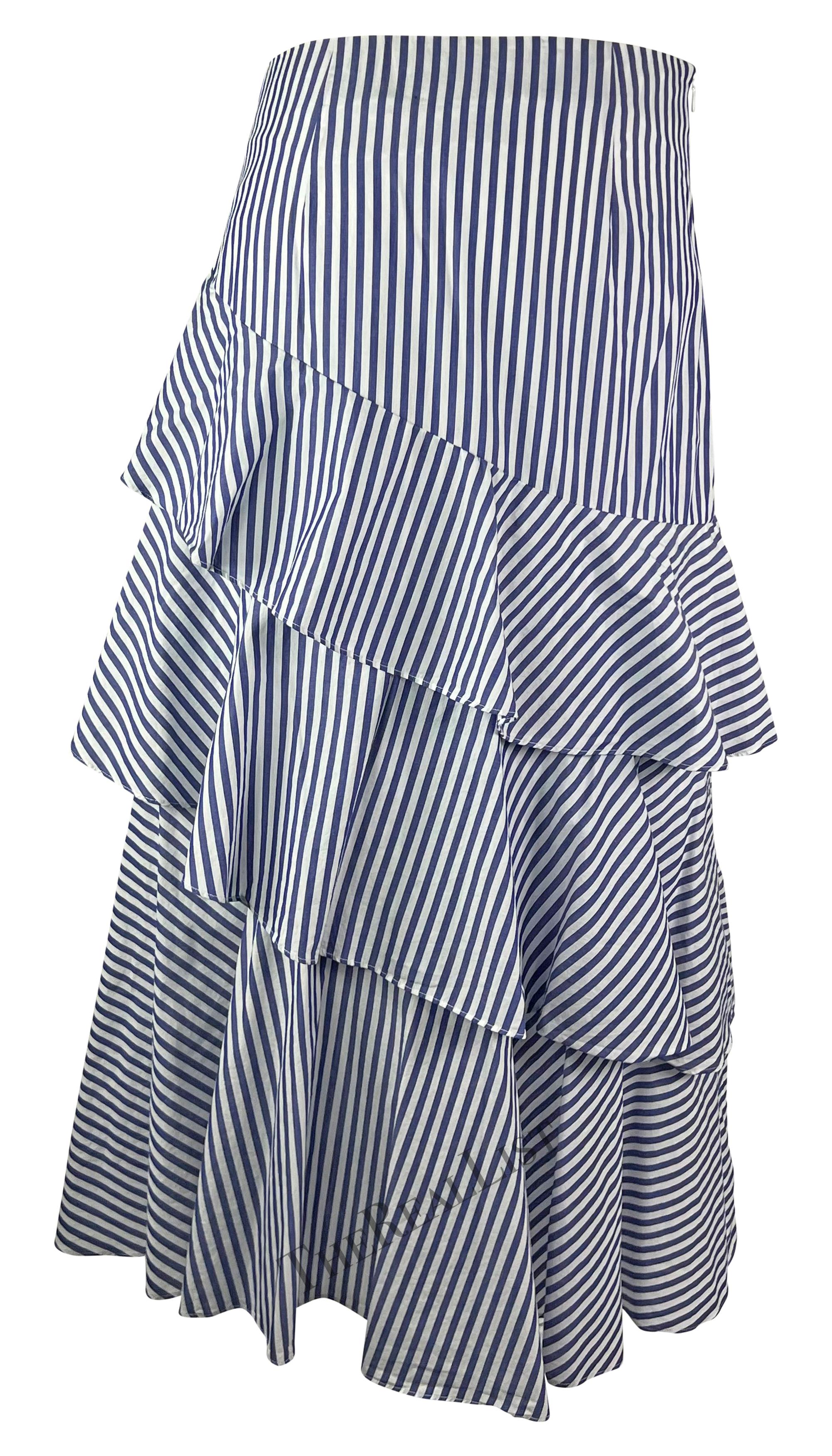 Women's Late 1990s Giorgio Armani Blue White Striped Ruffle Maxi Skirt For Sale