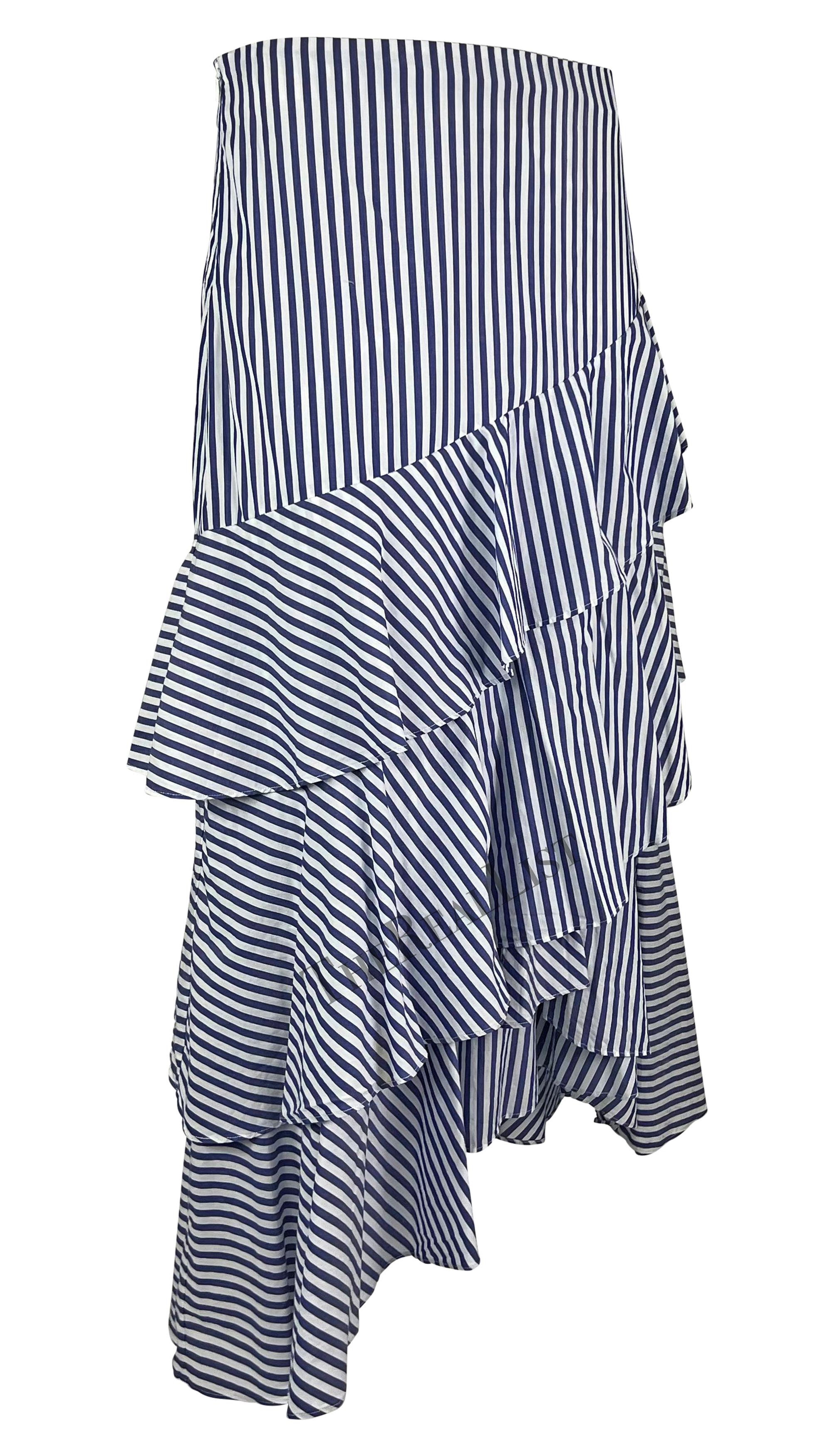 Late 1990s Giorgio Armani Blue White Striped Ruffle Maxi Skirt For Sale 2