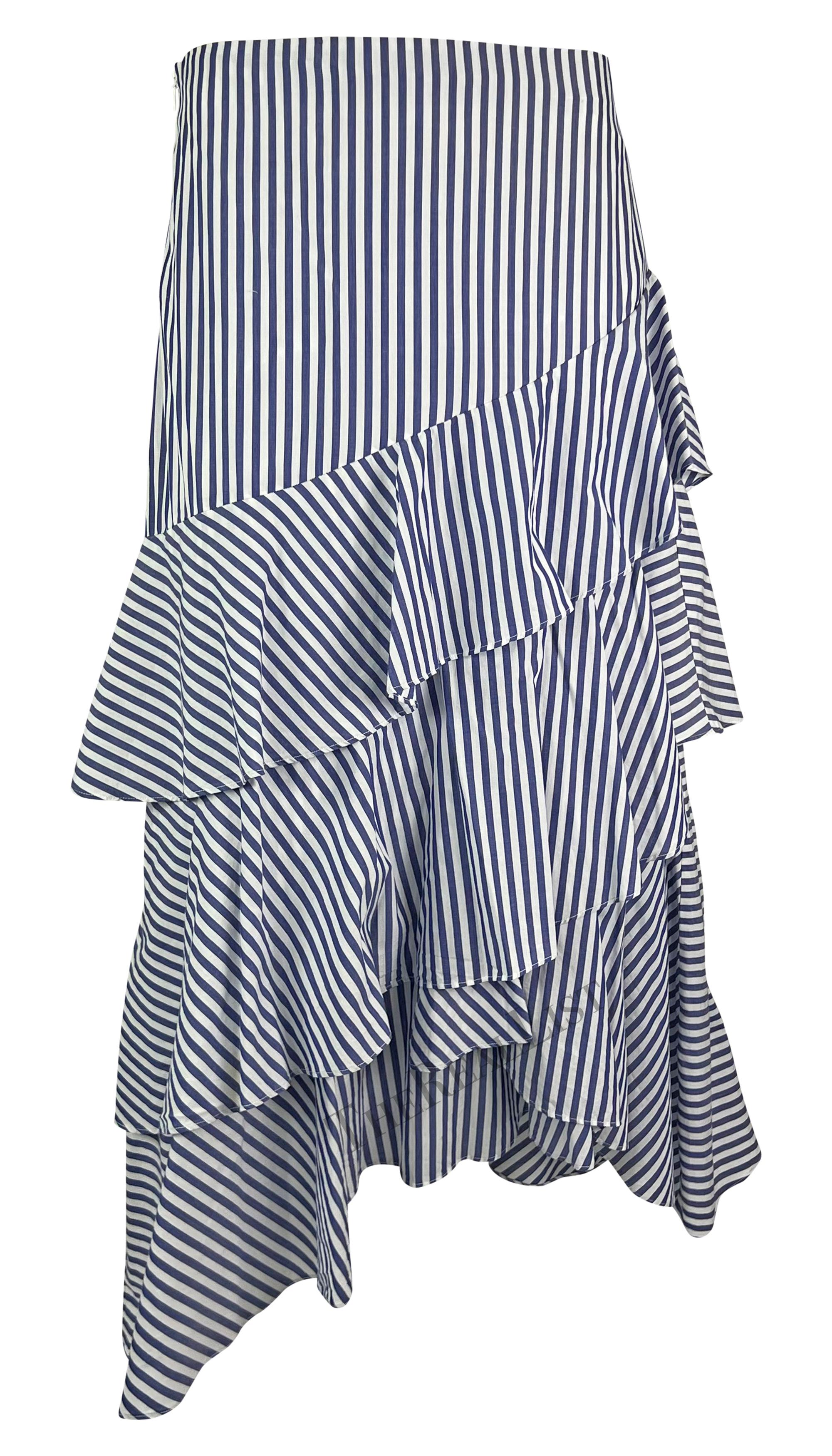 Late 1990s Giorgio Armani Blue White Striped Ruffle Maxi Skirt For Sale 3