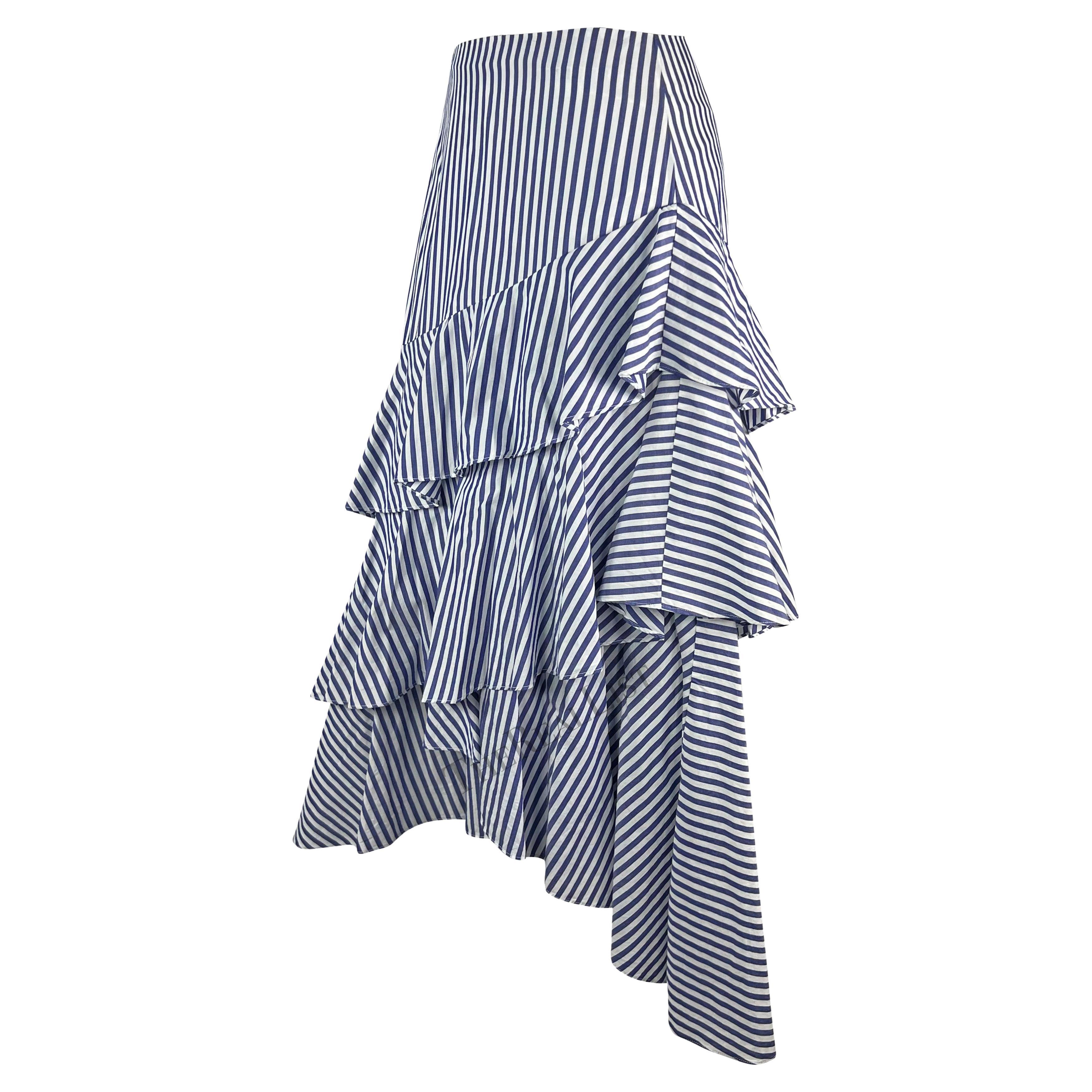 Late 1990s Giorgio Armani Blue White Striped Ruffle Maxi Skirt For Sale