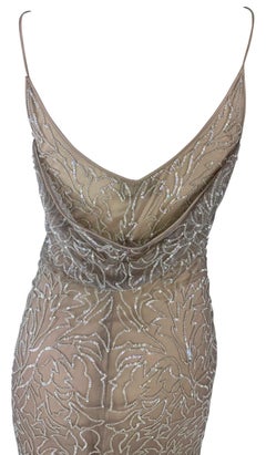 Late 1990s Giorgio Armani Semi Sheer Sequin Beaded Beige Sleeveless Gown