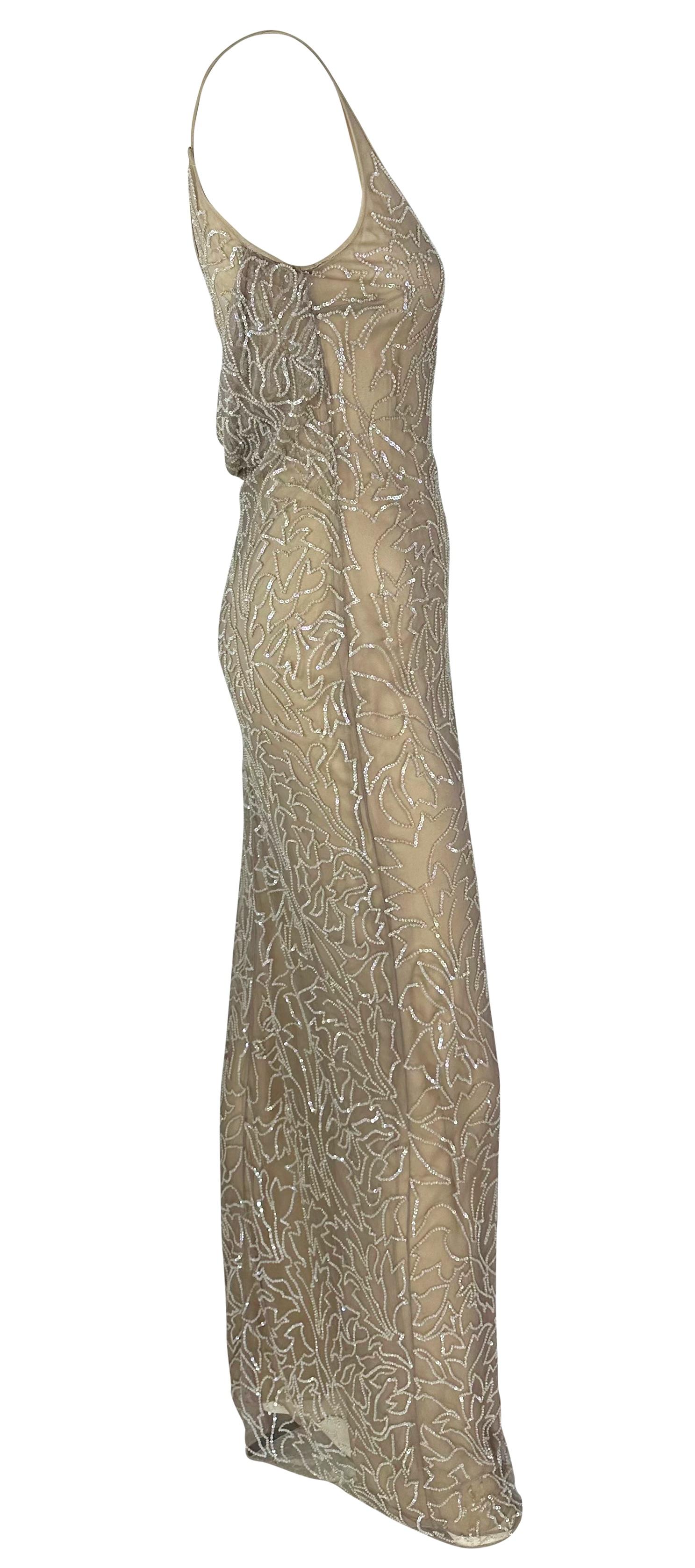Late 1990s Giorgio Armani Semi Sheer Sequin Beaded Beige Sleeveless Gown In Good Condition For Sale In West Hollywood, CA