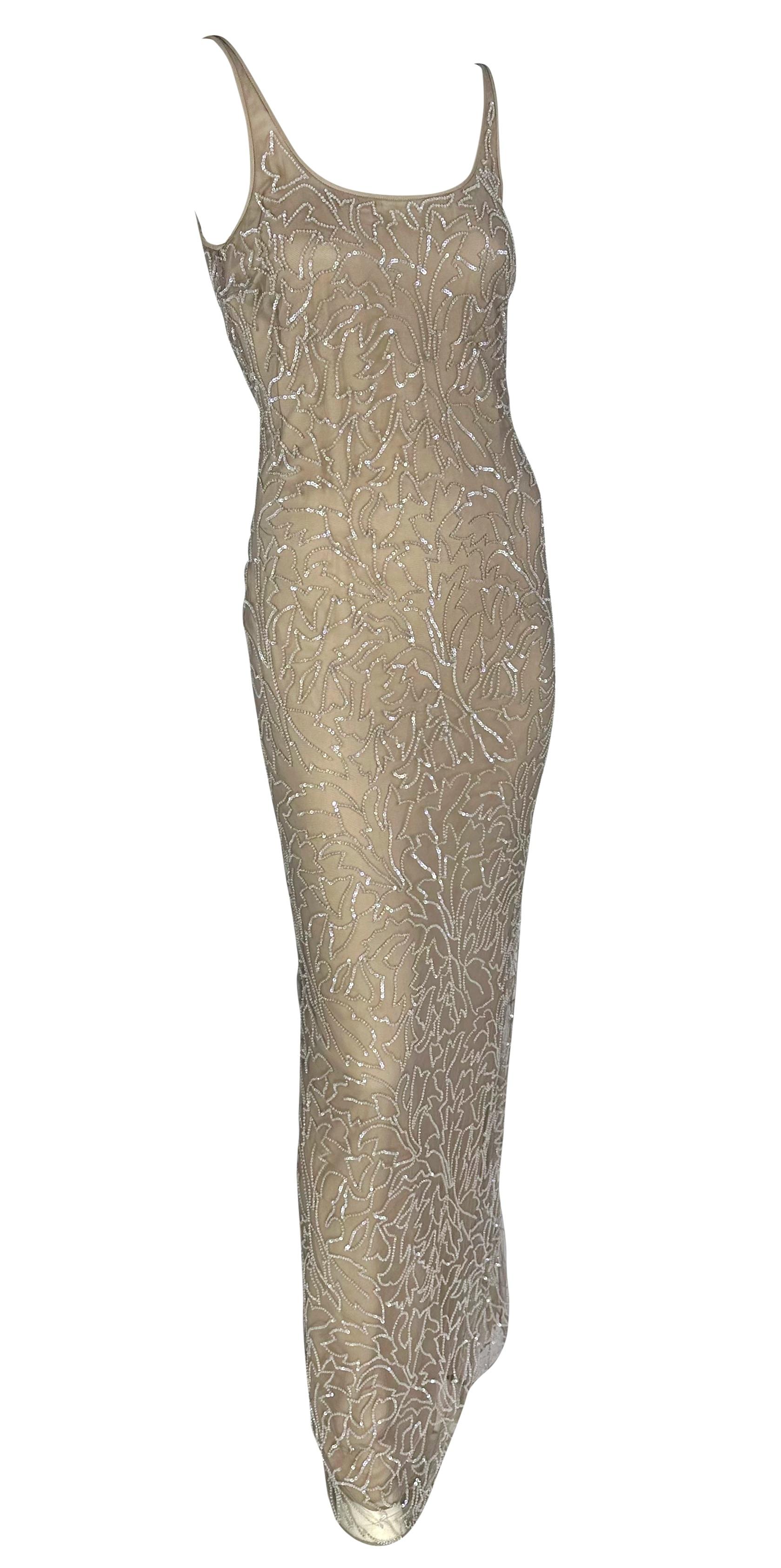 Women's Late 1990s Giorgio Armani Semi Sheer Sequin Beaded Beige Sleeveless Gown For Sale