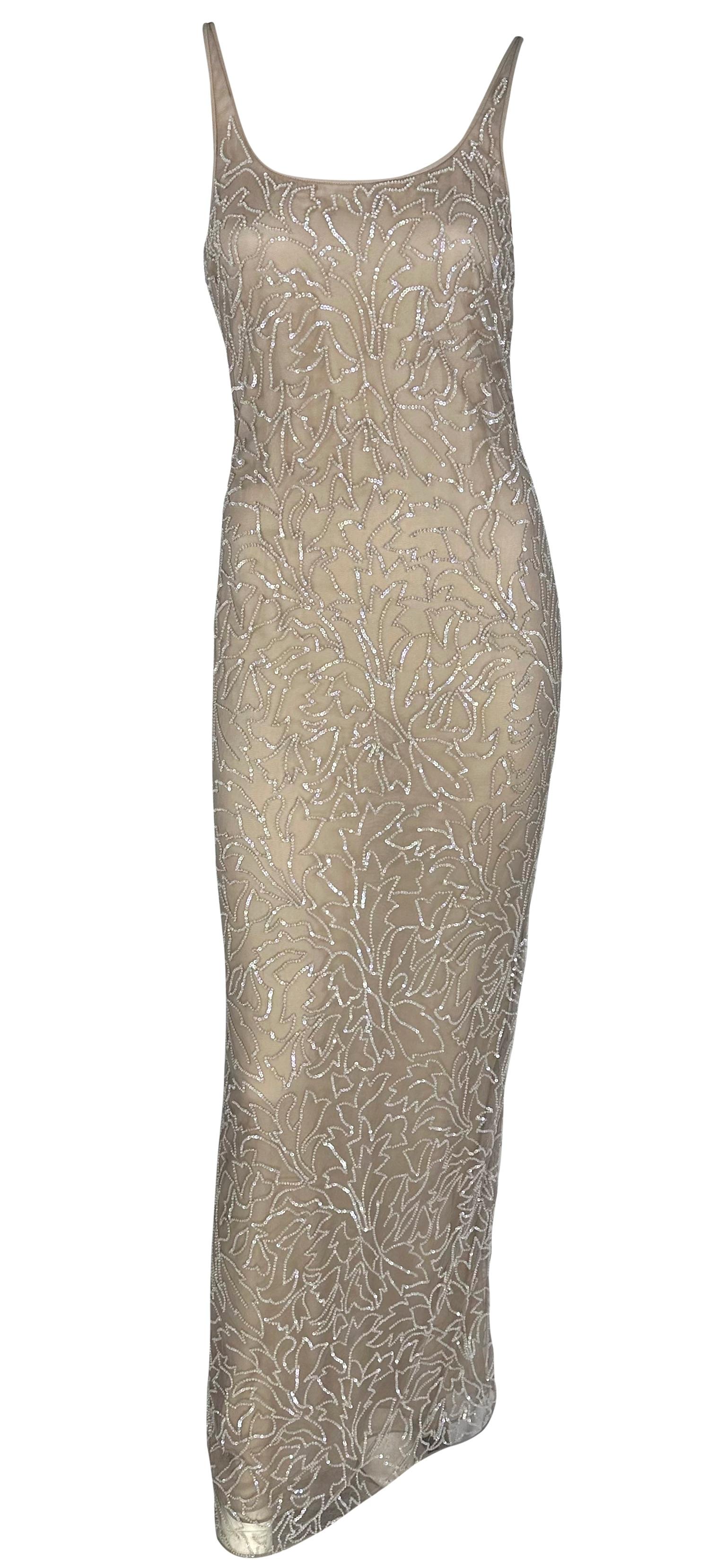Late 1990s Giorgio Armani Semi Sheer Sequin Beaded Beige Sleeveless Gown For Sale 1