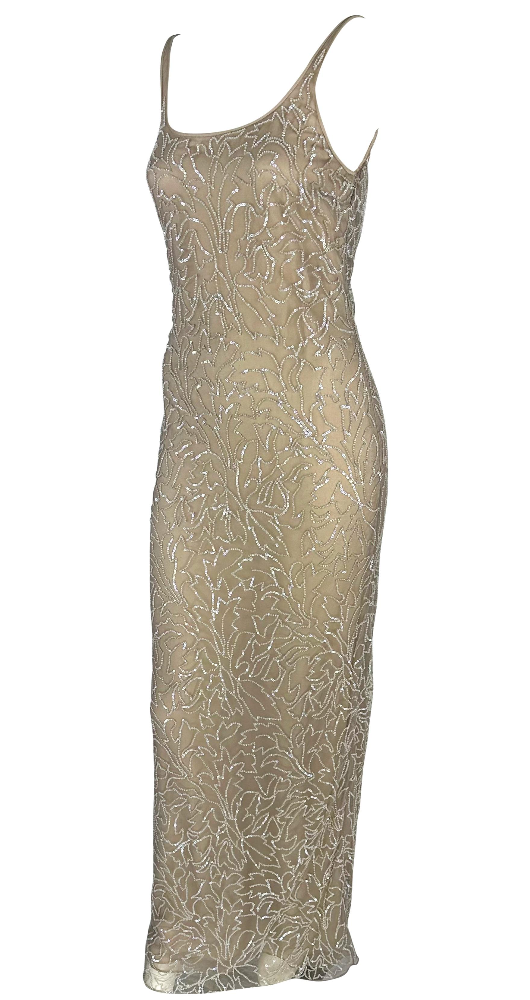 Late 1990s Giorgio Armani Semi Sheer Sequin Beaded Beige Sleeveless Gown For Sale 2