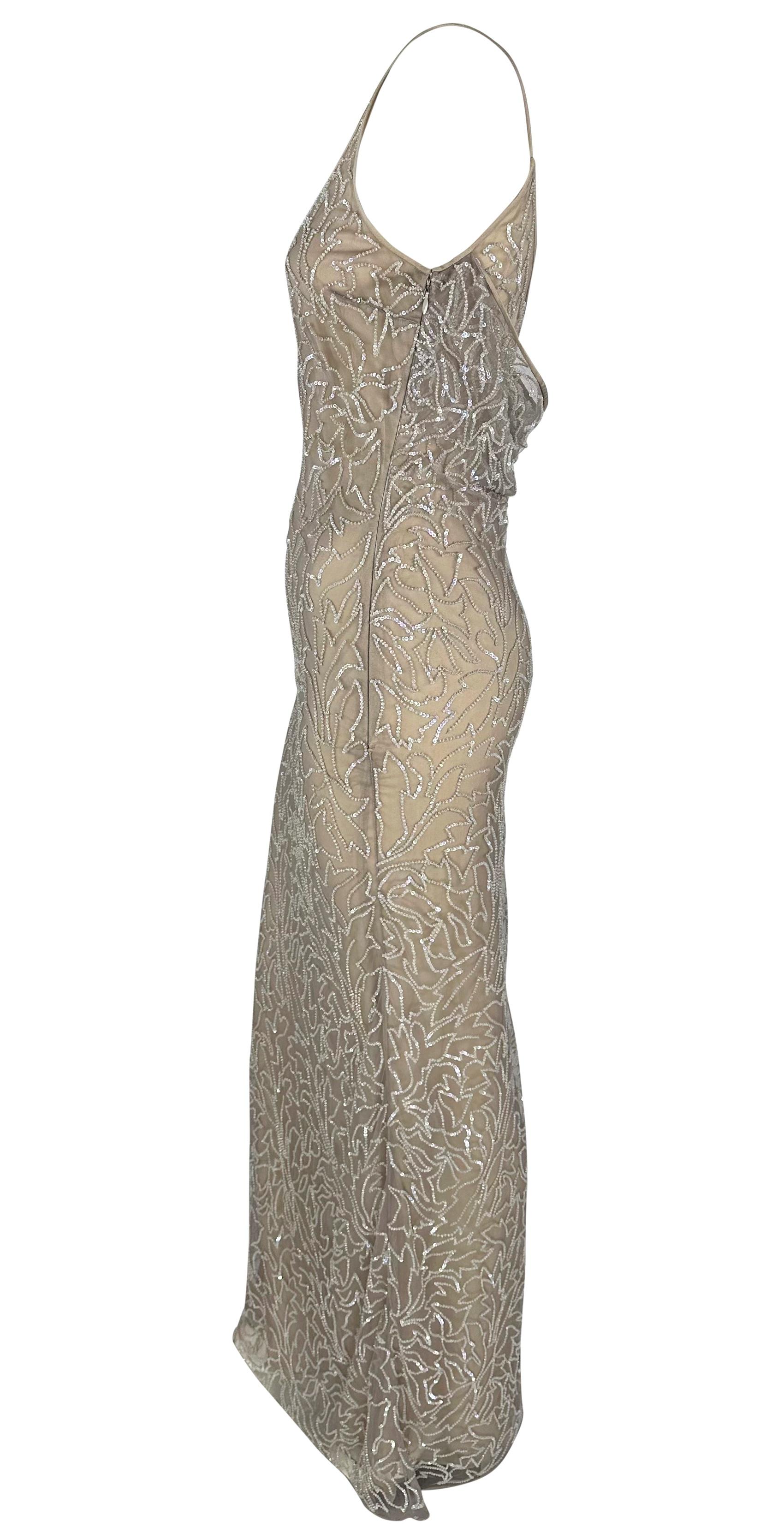 Late 1990s Giorgio Armani Semi Sheer Sequin Beaded Beige Sleeveless Gown For Sale 3