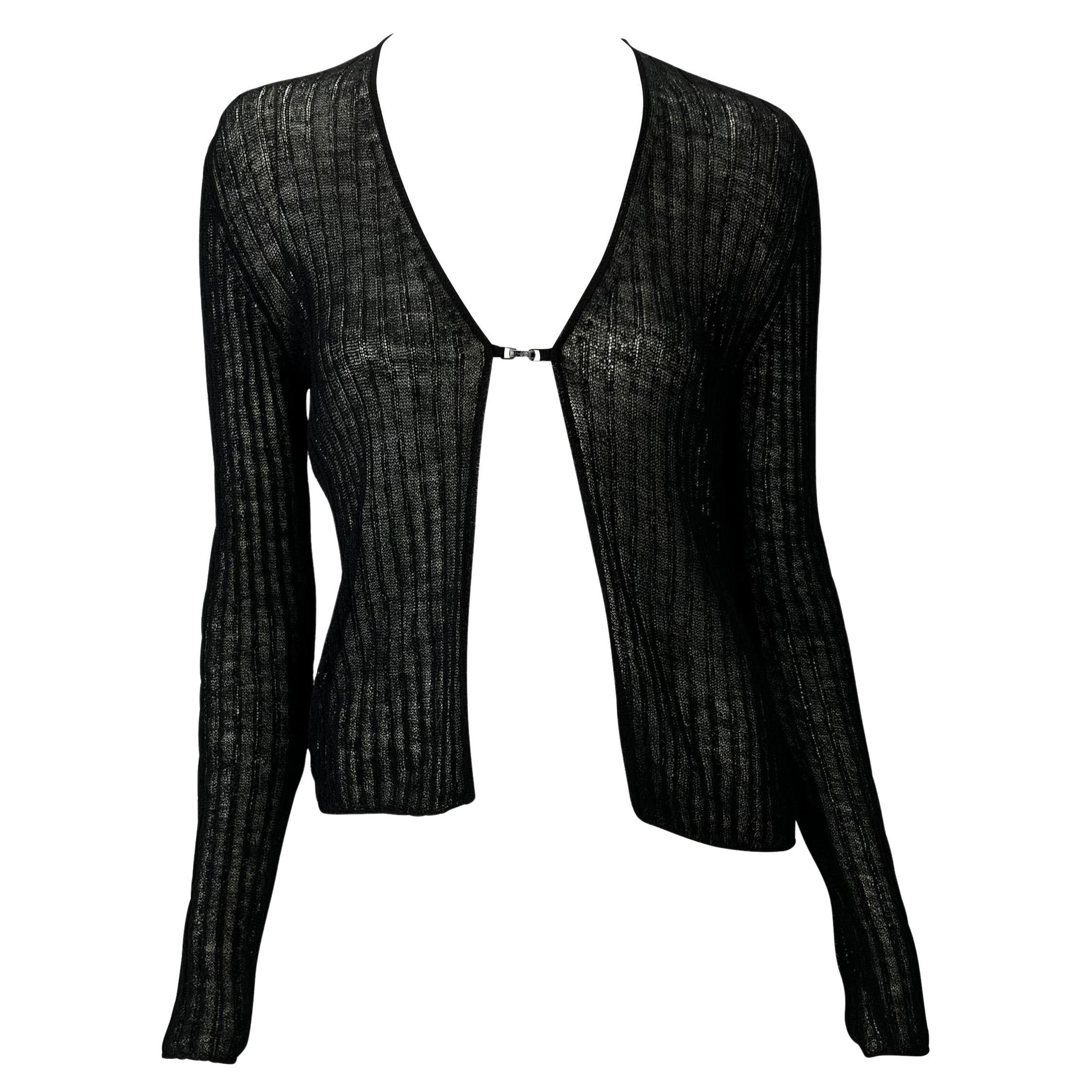 Late 1990s Gucci by Tom Ford Black Logo Buckle Sheer Black Knit Cardigan Top