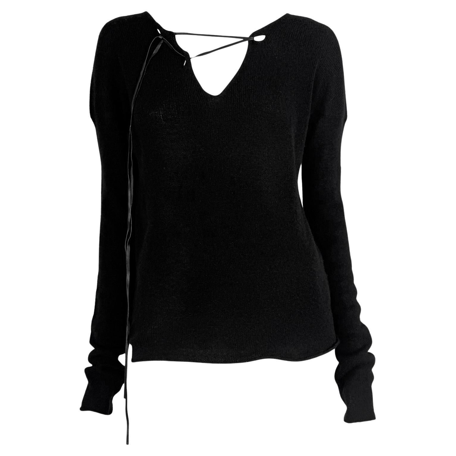 Late 1990s Gucci by Tom Ford Leather Lace-Up Knit Black Sweater Top For Sale